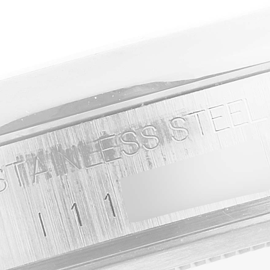 Close-up of the caseback and serial number of the Tudor Prince 76200 Men
s Stainless Steel Silver Dial 76200 Men
s Stainless Steel Silver Dial watch, showing "STAINLESS STEEL" engraving.