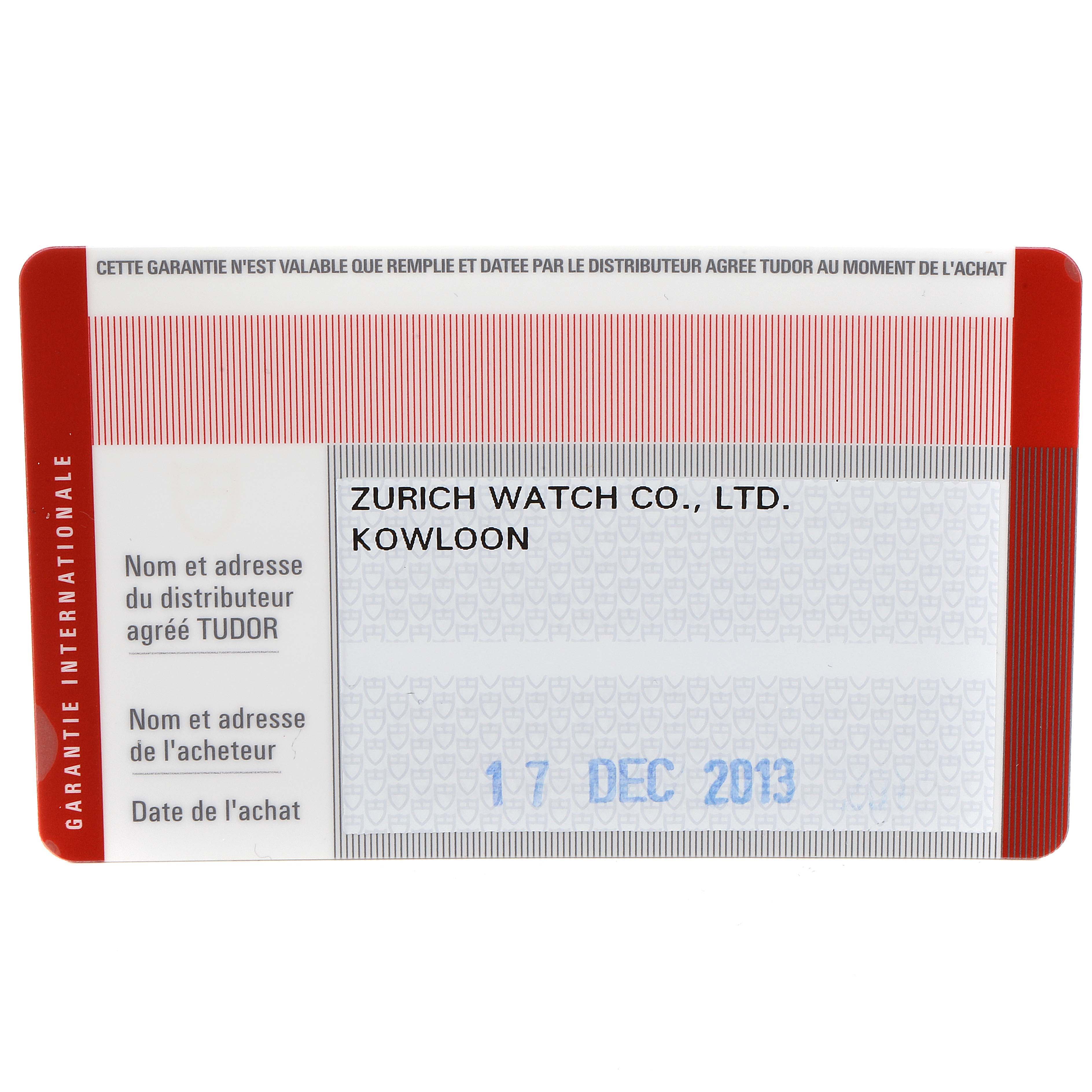 The image shows a warranty card for the Tudor Prince 76200 Men
s Stainless Steel Silver Dial 76200 Men
s Stainless Steel Silver Dial model, detailing the purchase date and distributor.