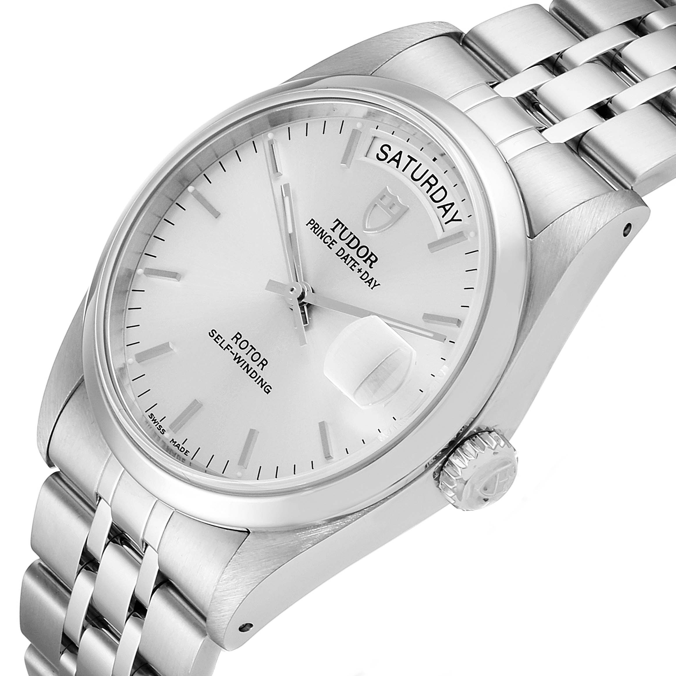 The image shows a Tudor Prince 76200 Men
s Stainless Steel Silver Dial 76200 Men
s Stainless Steel Silver Dial model watch from a three-quarter angle, highlighting the face, crown, and bracelet.