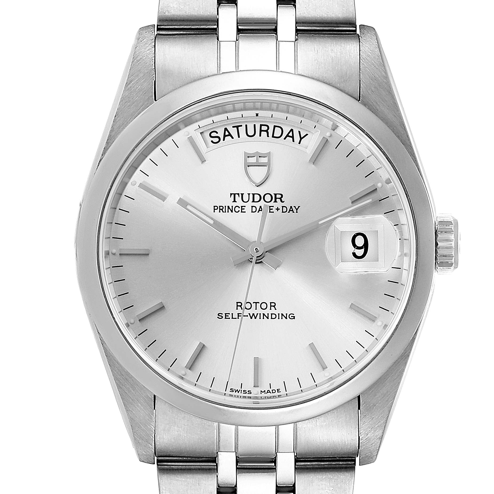 The image shows the dial, bezel, crown, and part of the bracelet of the Tudor Prince 76200 Men
s Stainless Steel Silver Dial 76200 Men
s Stainless Steel Silver Dial Date+Day watch from a front angle.