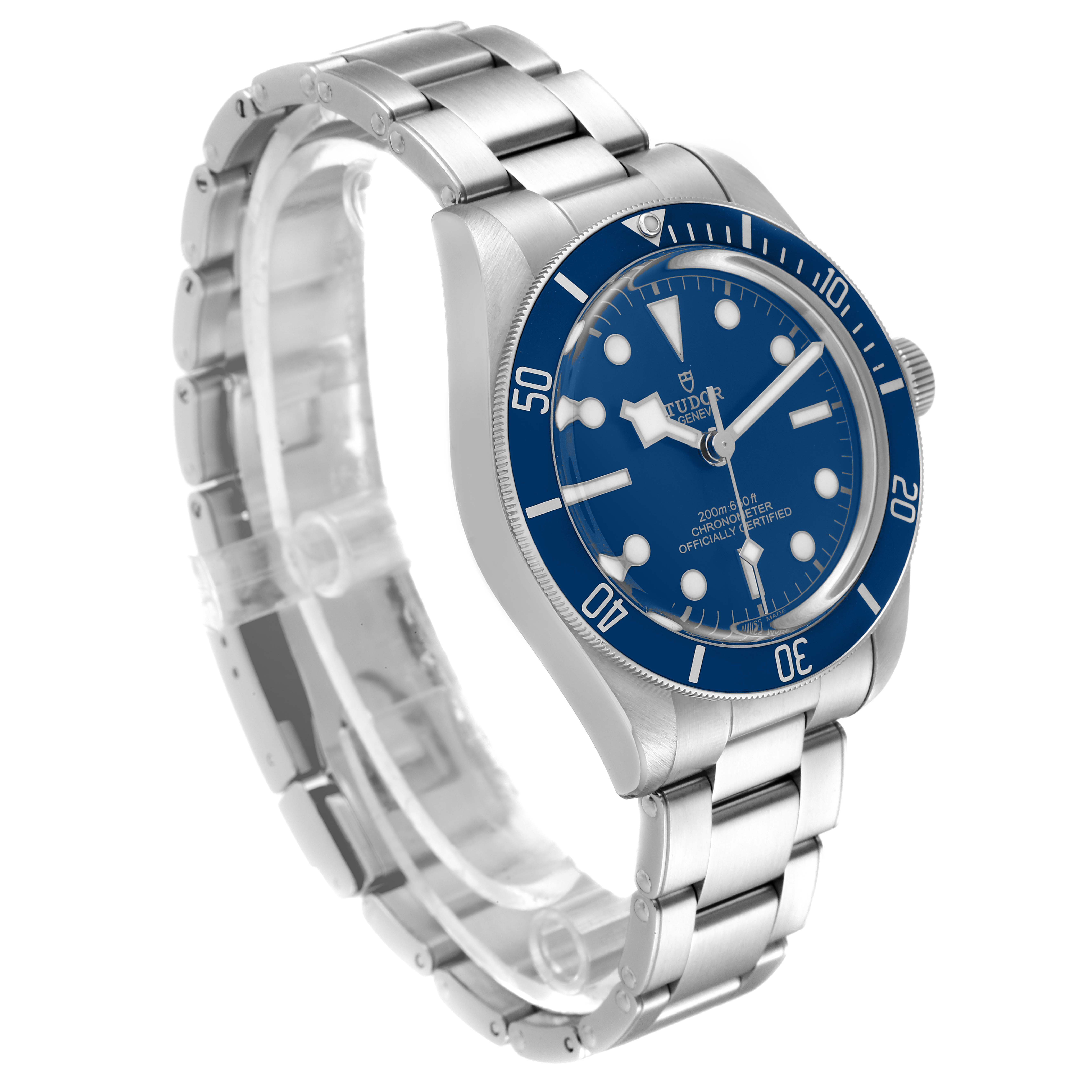 This image shows a Tudor Heritage Black Bay 79030B Men
s Stainless Steel Blue Dial 79030B Men
s Stainless Steel Blue Dial watch angled slightly from the top, highlighting its blue dial and stainless steel bracelet.