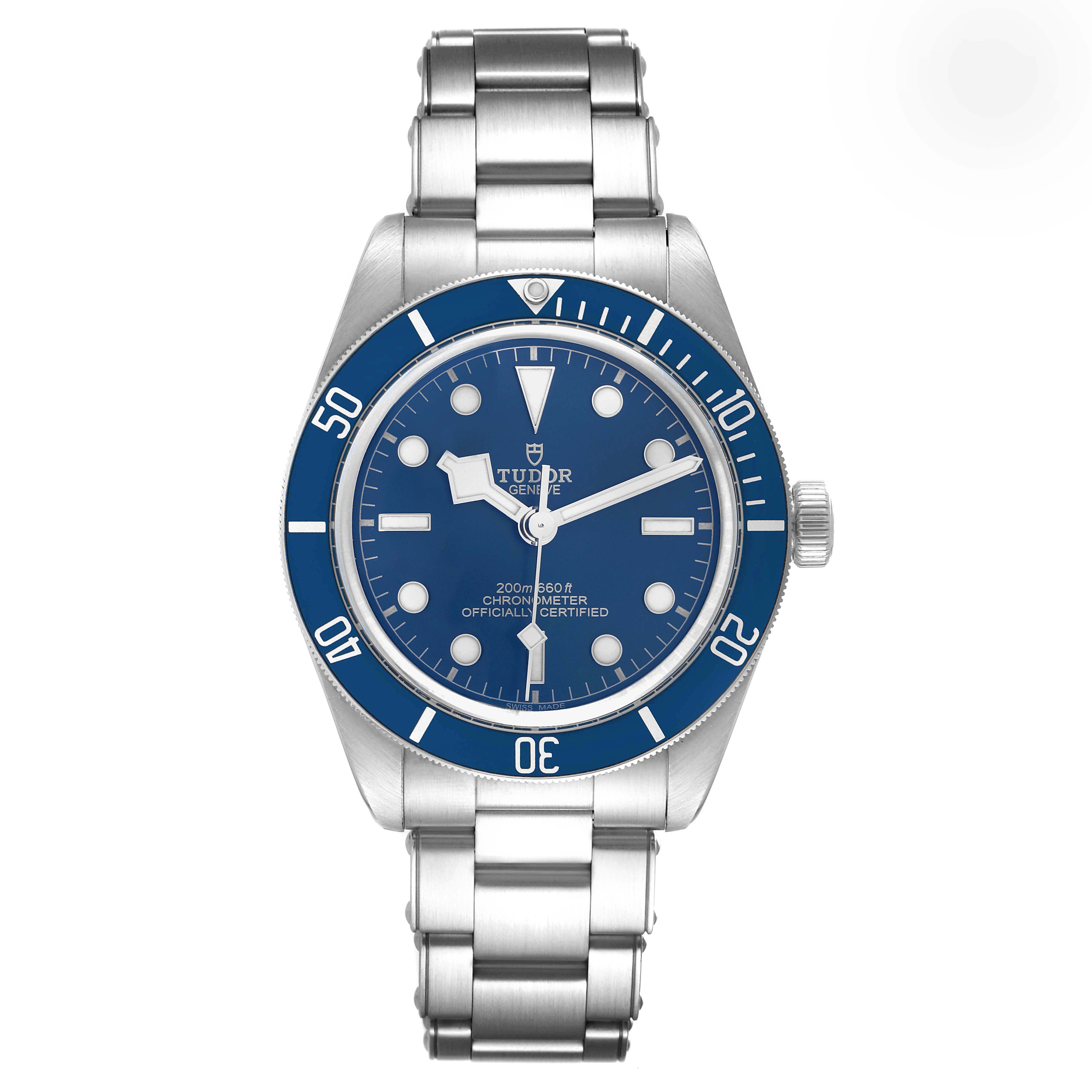 The image shows a front view of a Tudor Heritage Black Bay 79030B Men
s Stainless Steel Blue Dial 79030B Men
s Stainless Steel Blue Dial watch with a blue bezel and face.