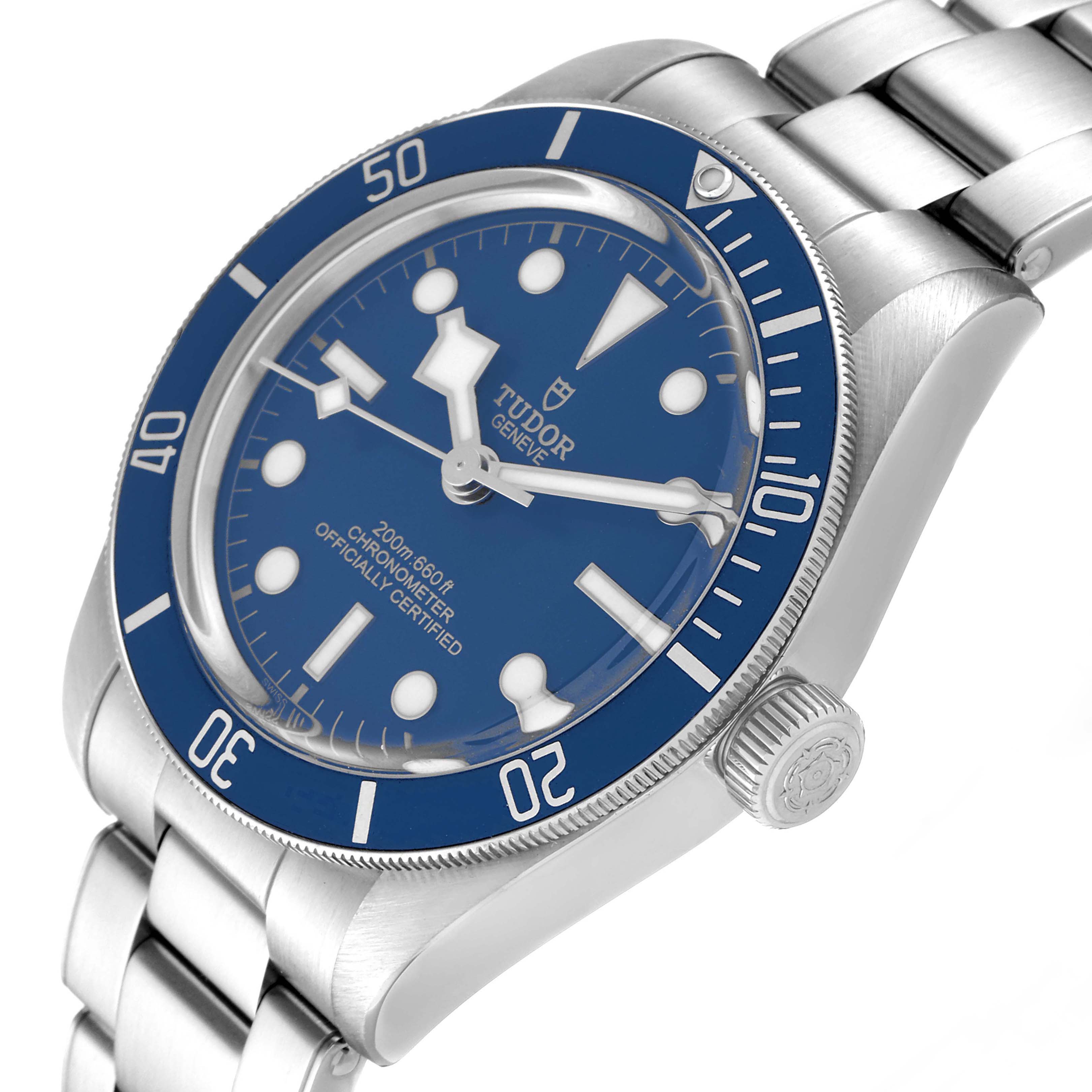 The Tudor Heritage Black Bay 79030B Men
s Stainless Steel Blue Dial 79030B Men
s Stainless Steel Blue Dial watch is shown from an angled close-up, displaying the dial, bezel, and part of the bracelet.