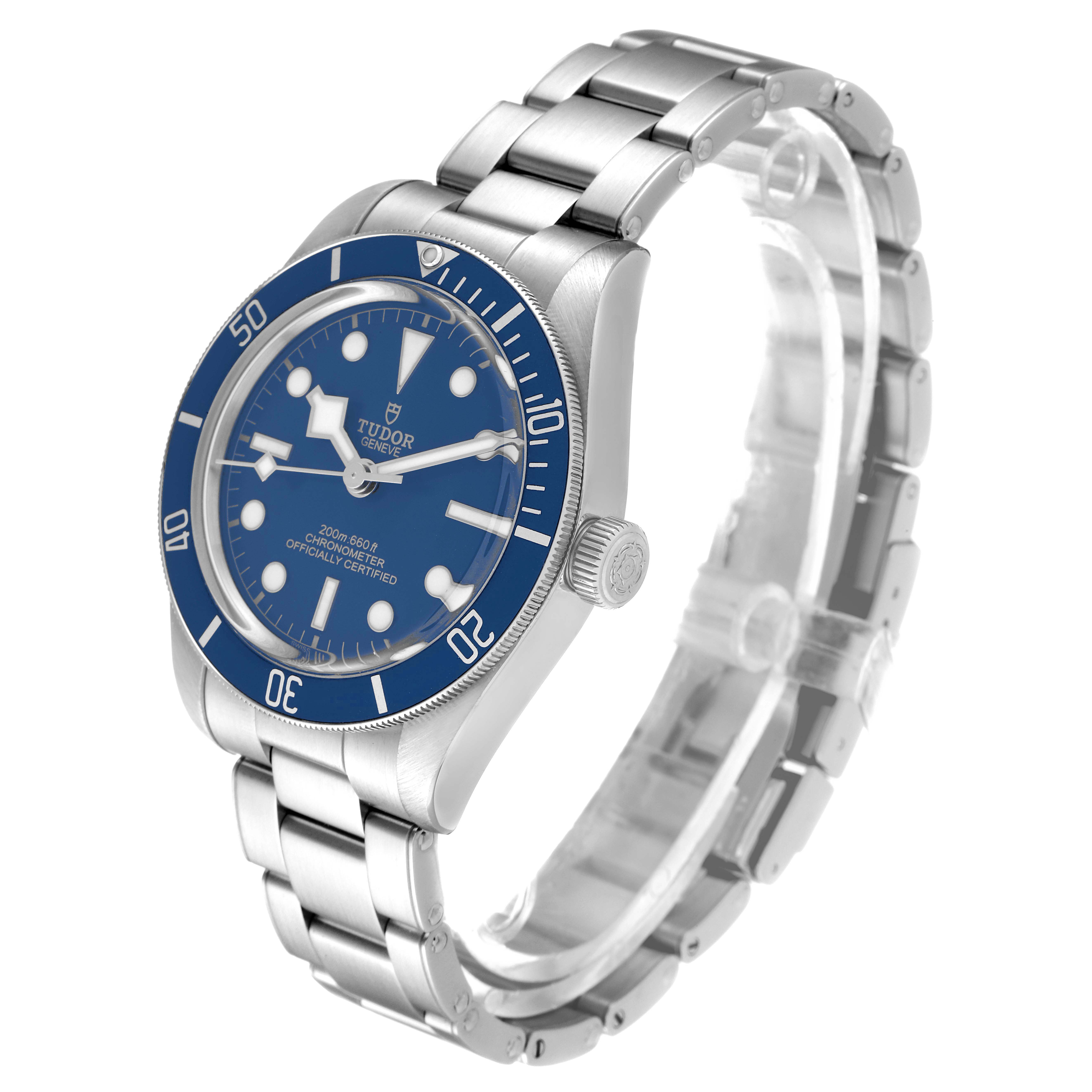 The image shows a Tudor Heritage Black Bay 79030B Men
s Stainless Steel Blue Dial 79030B Men
s Stainless Steel Blue Dial watch at an angle emphasizing the watch face, bezel, crown, and stainless steel bracelet.