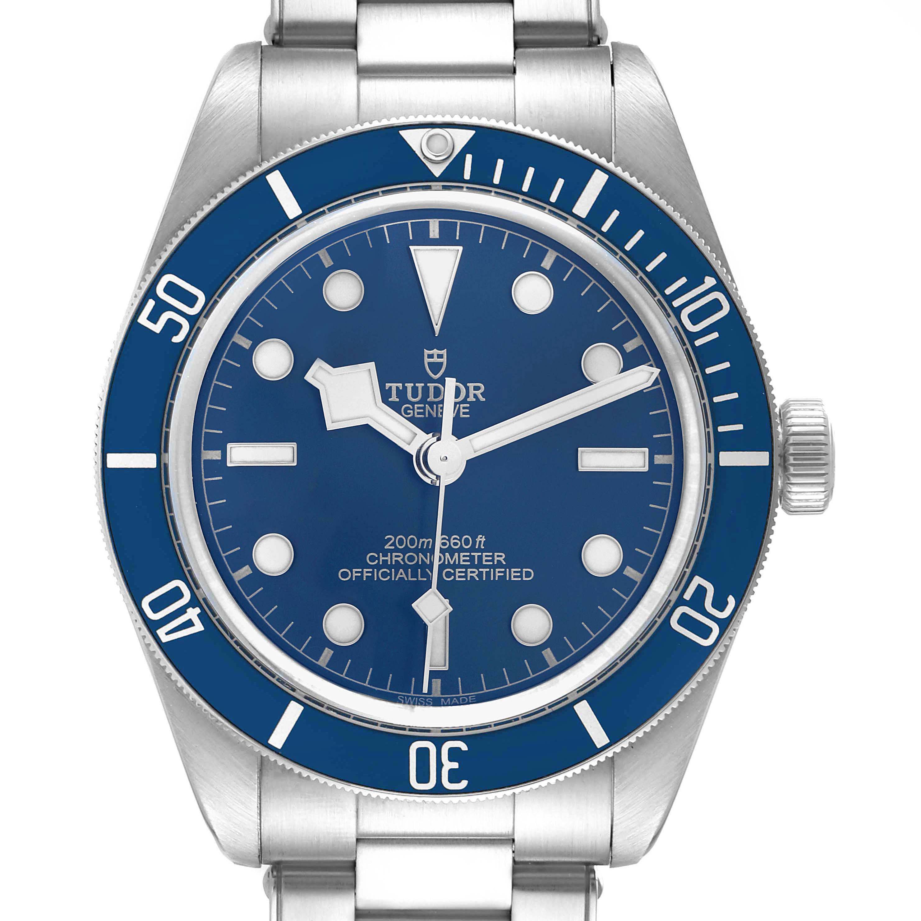 The image shows a front view of a Tudor Heritage Black Bay 79030B Men
s Stainless Steel Blue Dial 79030B Men
s Stainless Steel Blue Dial watch, highlighting its blue dial, stainless steel case, and rotating bezel.