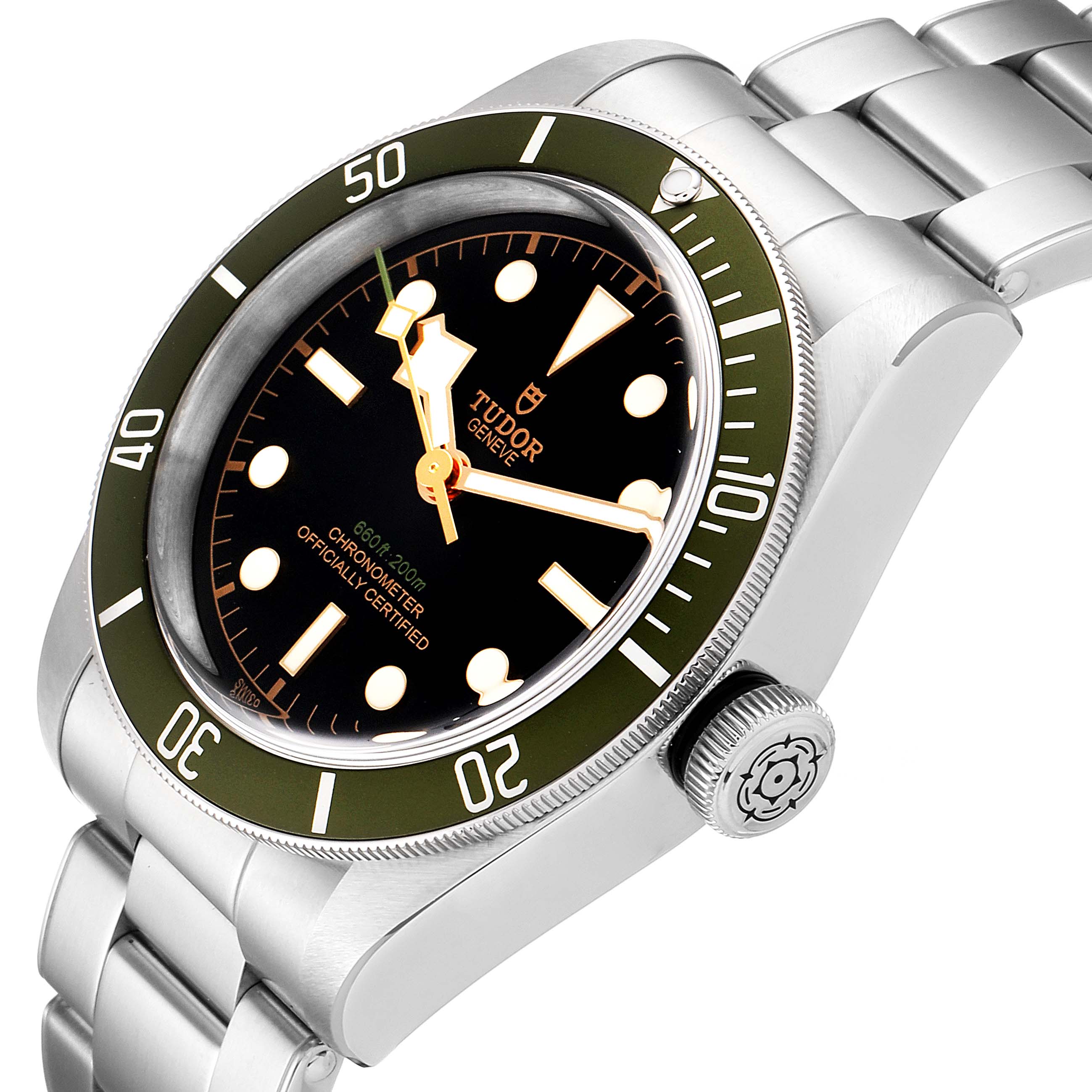 The image shows a Heritage Black Bay model by Tudor at a slight angle, highlighting the bezel, dial, crown, and metal strap.