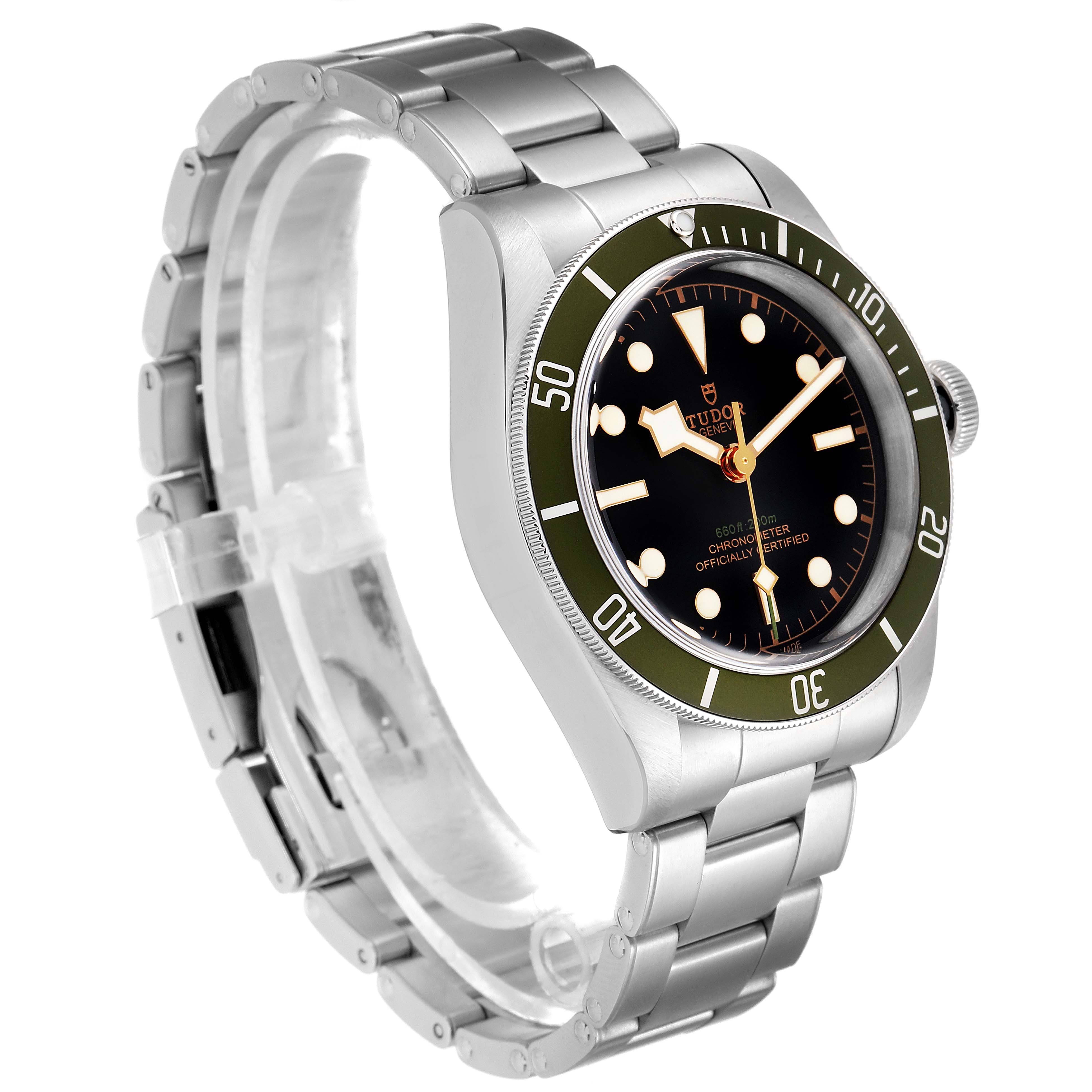This Tudor Heritage Black Bay 79230G Men's Stainless Steel Black Dial 79230G Men's Stainless Steel Black Dial watch is shown at a three-quarter angle, displaying the face, bezel, and bracelet.