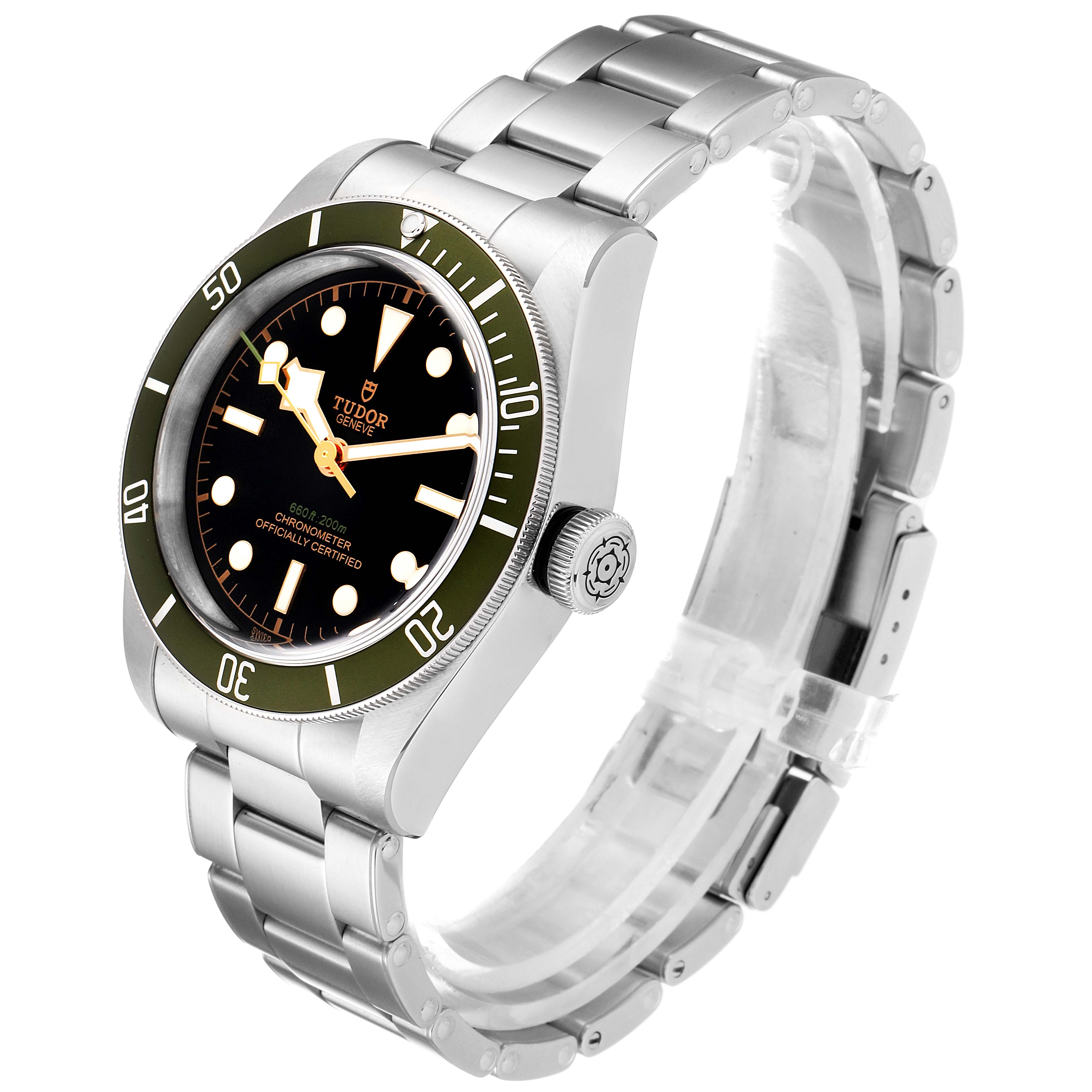 This image shows the Tudor Heritage Black Bay 79230G Men's Stainless Steel Black Dial 79230G Men's Stainless Steel Black Dial watch from an angled perspective, highlighting its face, bezel, crown, and bracelet.