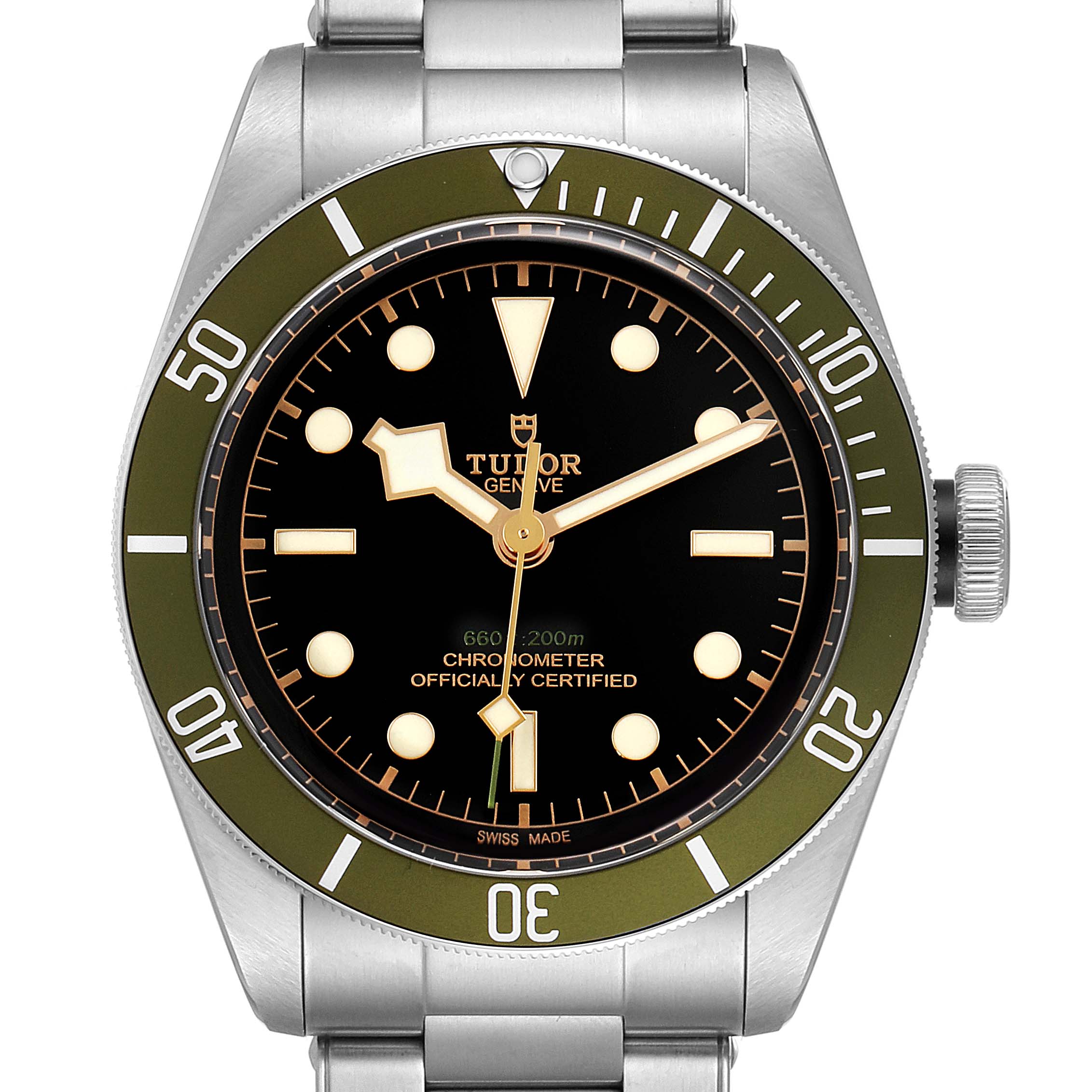 The image shows a front view of the Tudor Heritage Black Bay 79230G Men's Stainless Steel Black Dial 79230G Men's Stainless Steel Black Dial watch displaying the dial, bezel, and part of the stainless steel bracelet.