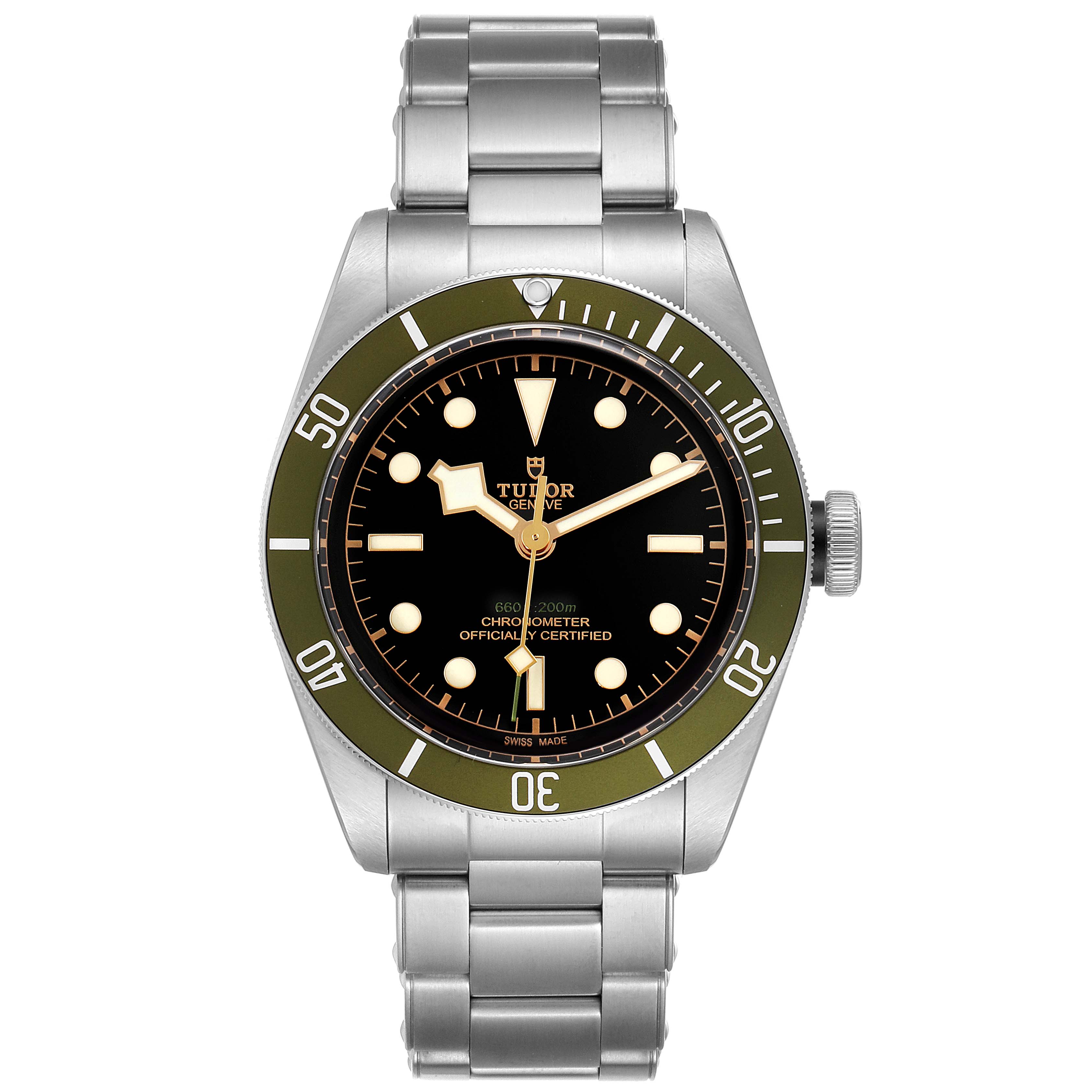 The image shows a frontal view of the Tudor Heritage Black Bay 79230G Men's Stainless Steel Black Dial 79230G Men's Stainless Steel Black Dial watch, highlighting the dial, bezel, and stainless steel bracelet.