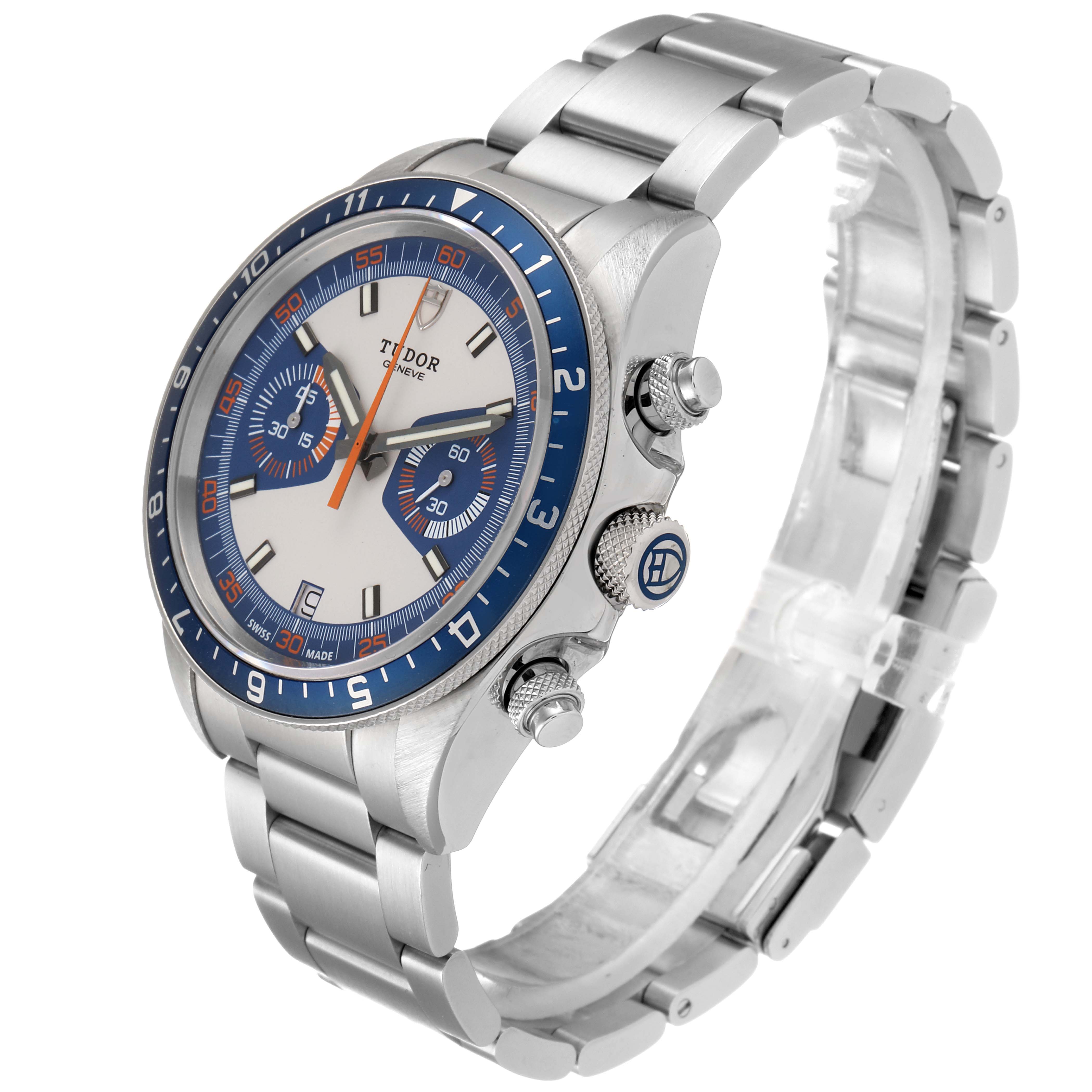 The image shows a Tudor Heritage Chrono 70330B Men's Stainless Steel Blue Dial 70330B Men's Stainless Steel Blue Dial watch from a front-side angle highlighting its dial, bezel, and bracelet.