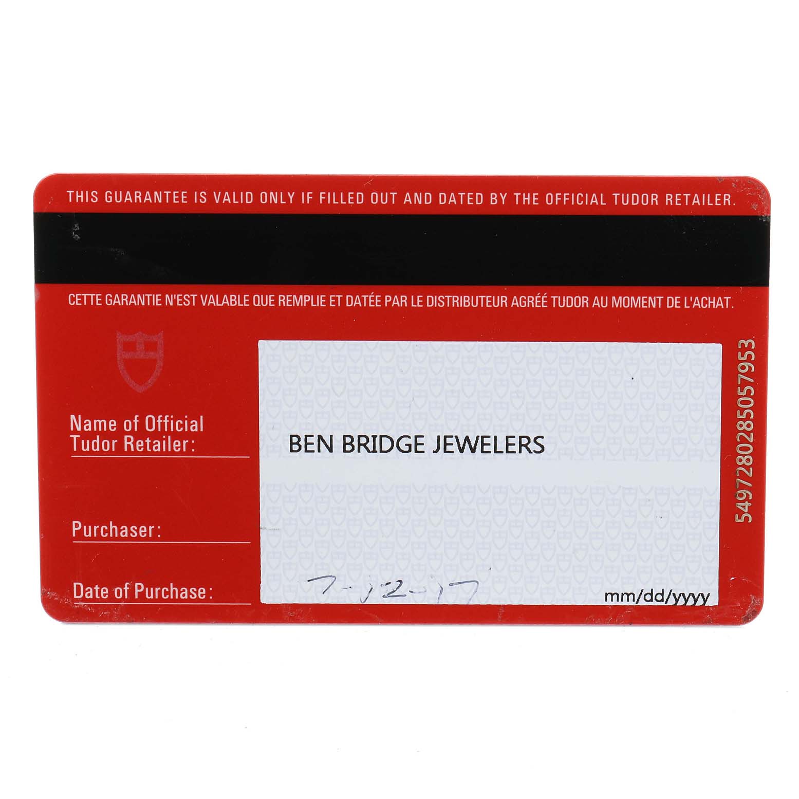 This image shows the warranty card for the Tudor Heritage Chrono 70330B Men's Stainless Steel Blue Dial 70330B Men's Stainless Steel Blue Dial model.