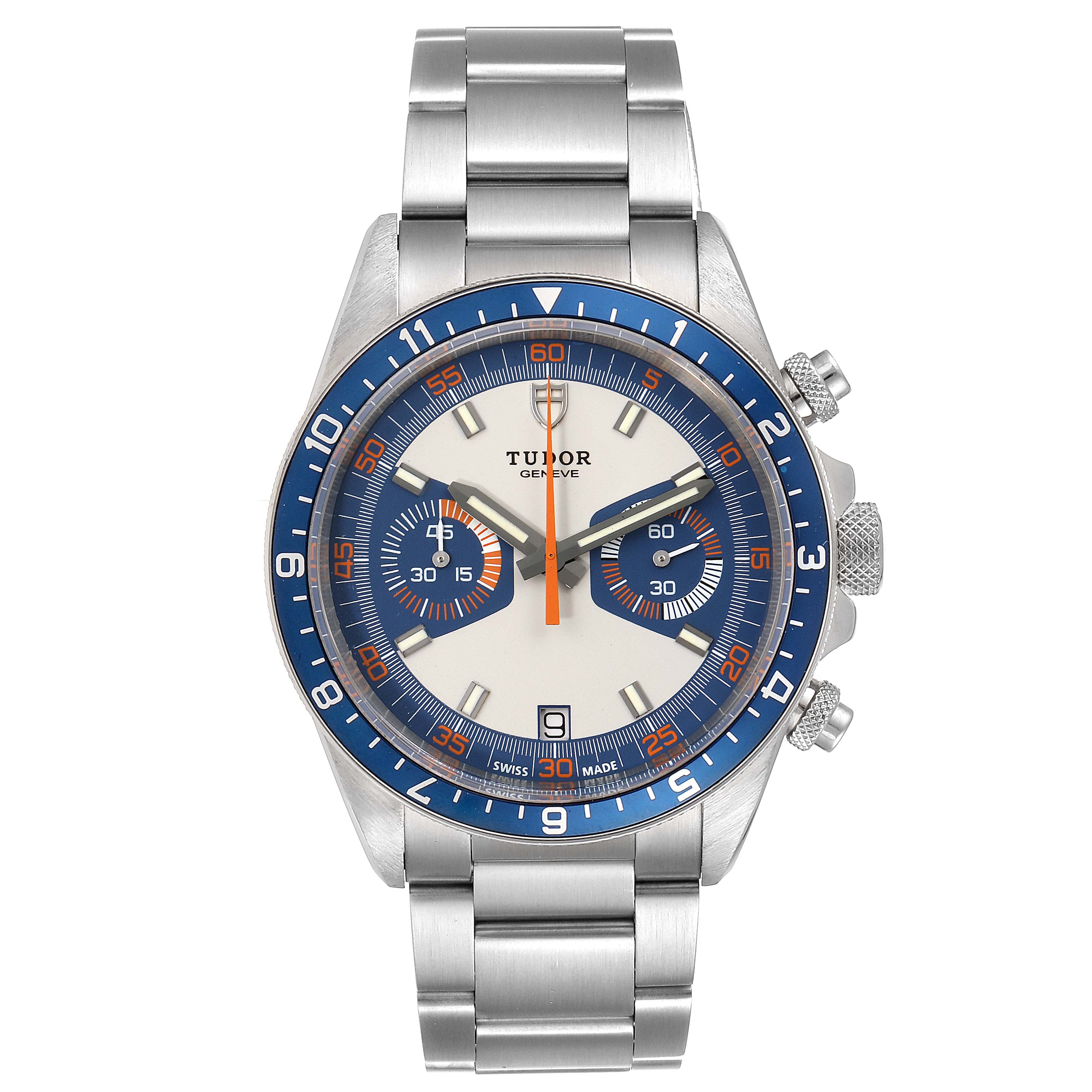 This image shows a front view of the Tudor Heritage Chrono 70330B Men's Stainless Steel Blue Dial 70330B Men's Stainless Steel Blue Dial watch, highlighting its face, bezel, and stainless steel bracelet.