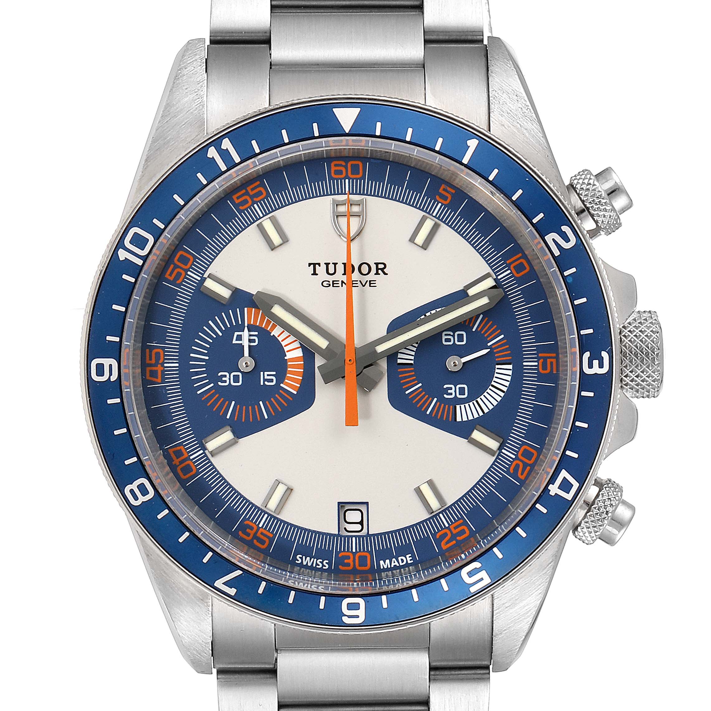 This image shows a frontal view of the Tudor Heritage Chrono 70330B Men's Stainless Steel Blue Dial 70330B Men's Stainless Steel Blue Dial watch, highlighting the dial, bezel, and pushers.