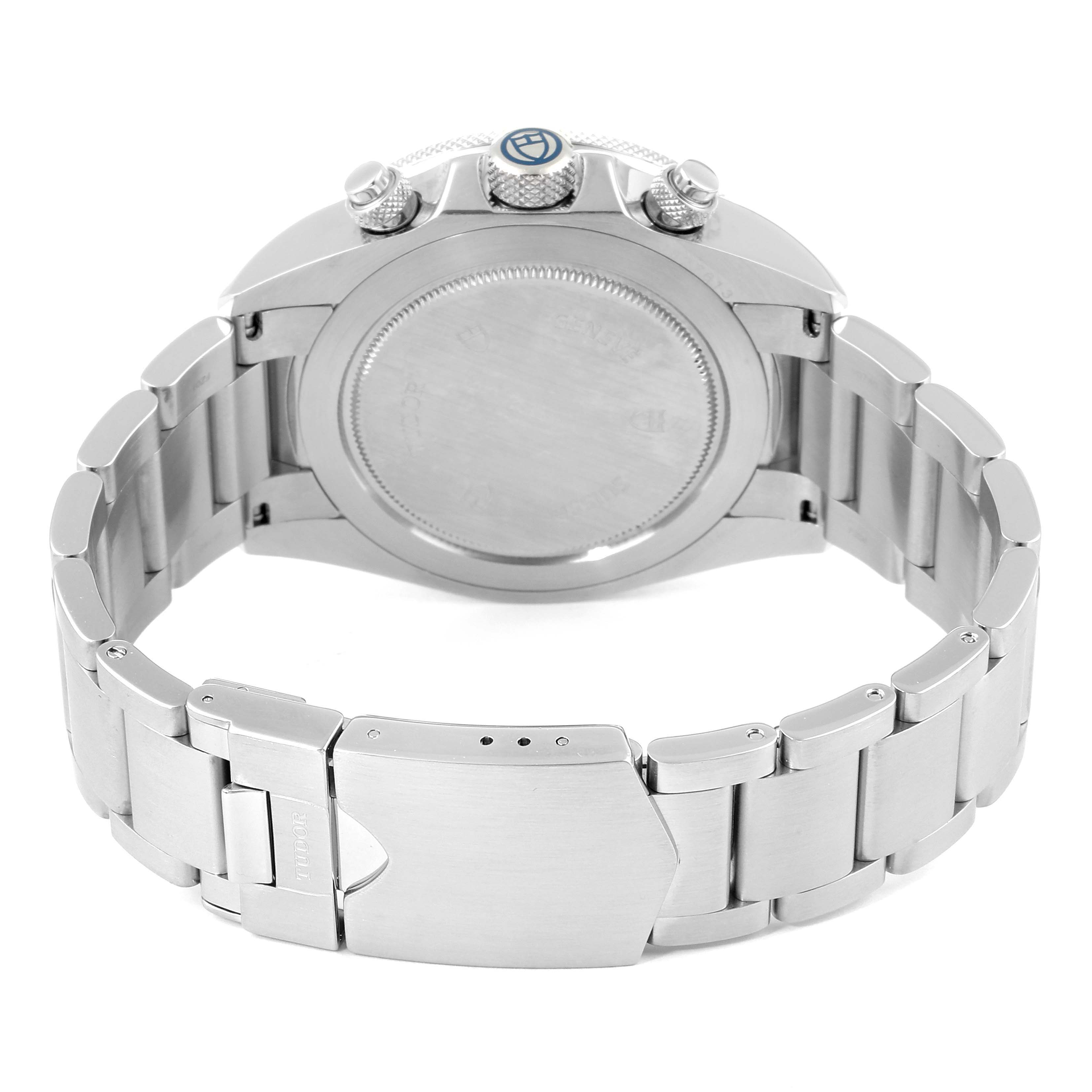The image shows the back case and bracelet of the Tudor Heritage Chrono 70330B Men's Stainless Steel Blue Dial 70330B Men's Stainless Steel Blue Dial watch from a rear angle.