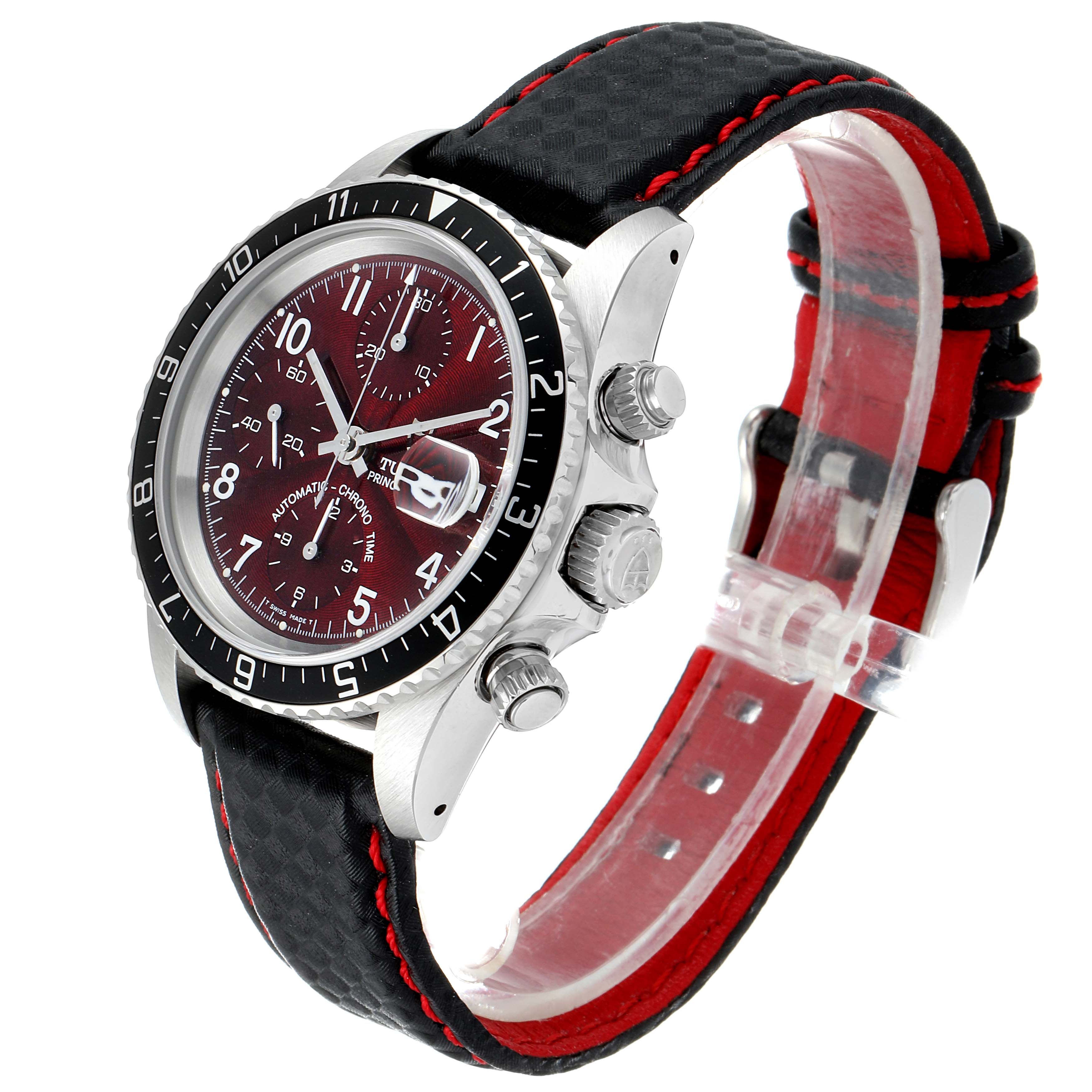 The image shows a Tudor Tiger 79270 Men's Stainless Steel Burgundy Dial 79270 Men's Stainless Steel Burgundy Dial model watch from a three-quarter angle, highlighting the face, bezel, crown, and strap.