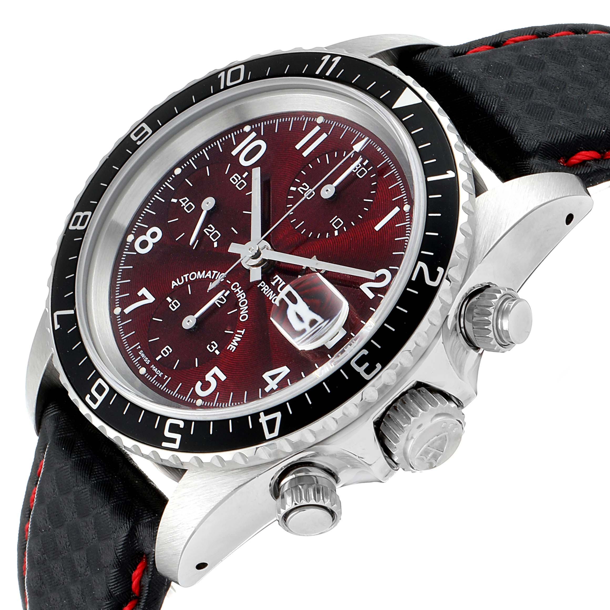 The image shows a Tudor Tiger 79270 Men's Stainless Steel Burgundy Dial 79270 Men's Stainless Steel Burgundy Dial watch at an angle highlighting its burgundy dial, bezel, crown, and part of the strap.