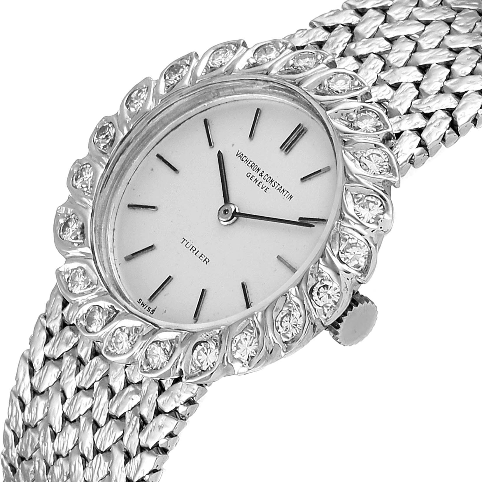 This image shows a close-up of the Vacheron Constantin Vintage  Women's Stainless Steel Silver Dial  Women's Stainless Steel Silver Dial model watch, highlighting its diamond-studded bezel, dial, and textured bracelet.