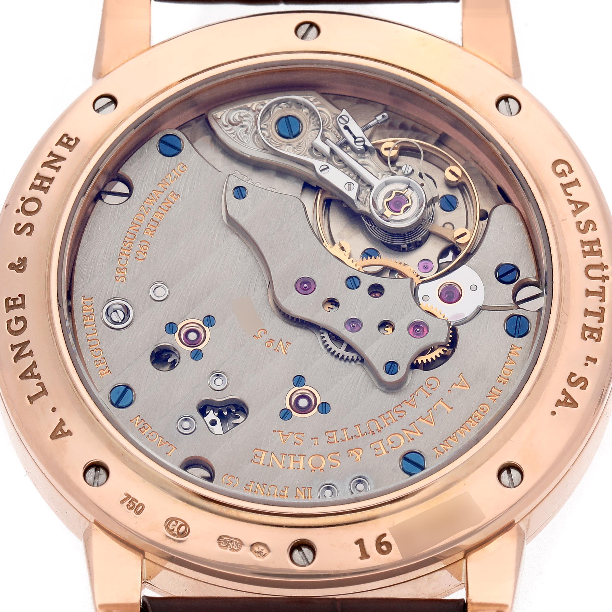The Richard Lange model by A. Lange & Söhne is shown from the back, displaying the intricate movement and mechanical parts.