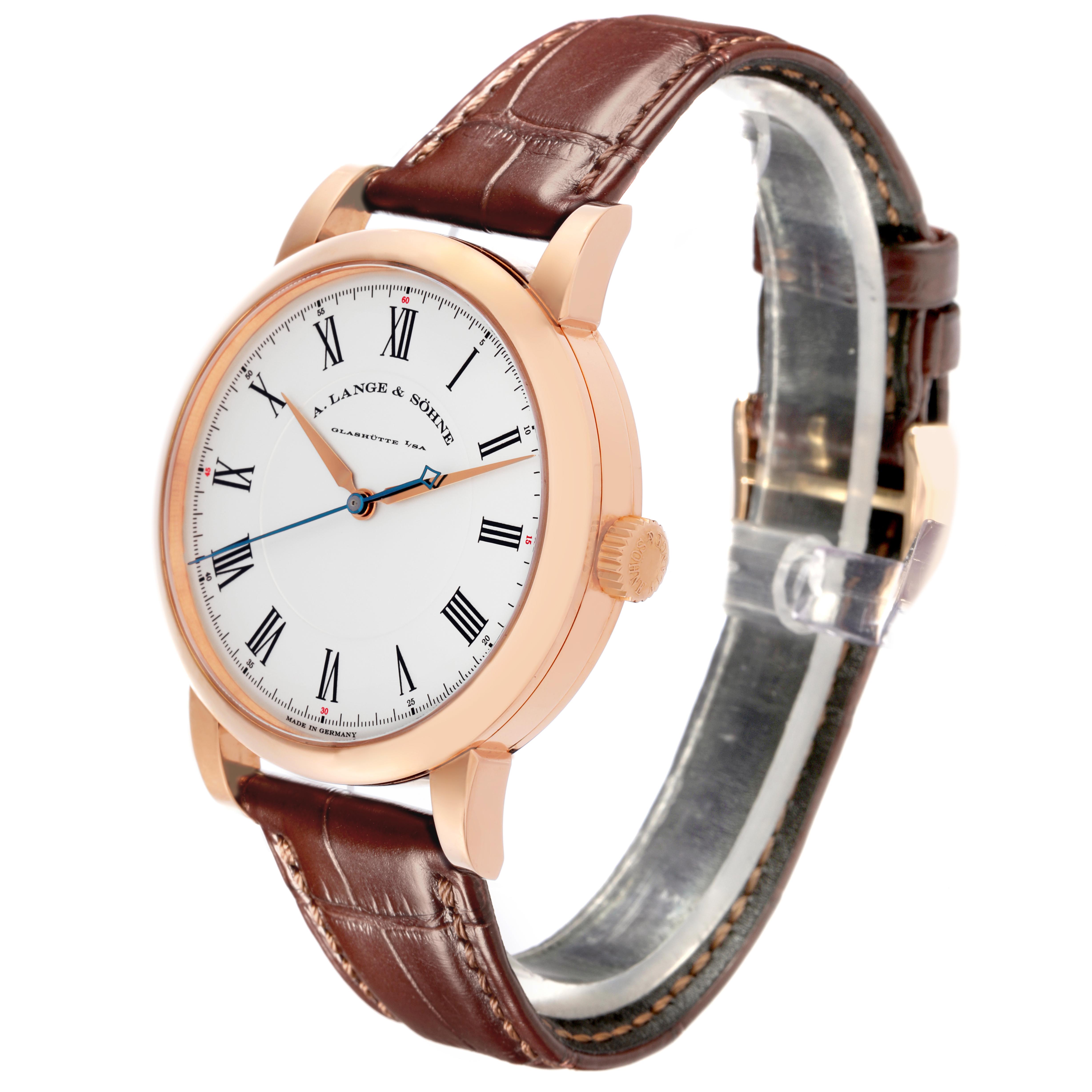 The Richard Lange by A. Lange & Söhne is shown at a three-quarter angle displaying the face, case, crown, and strap.