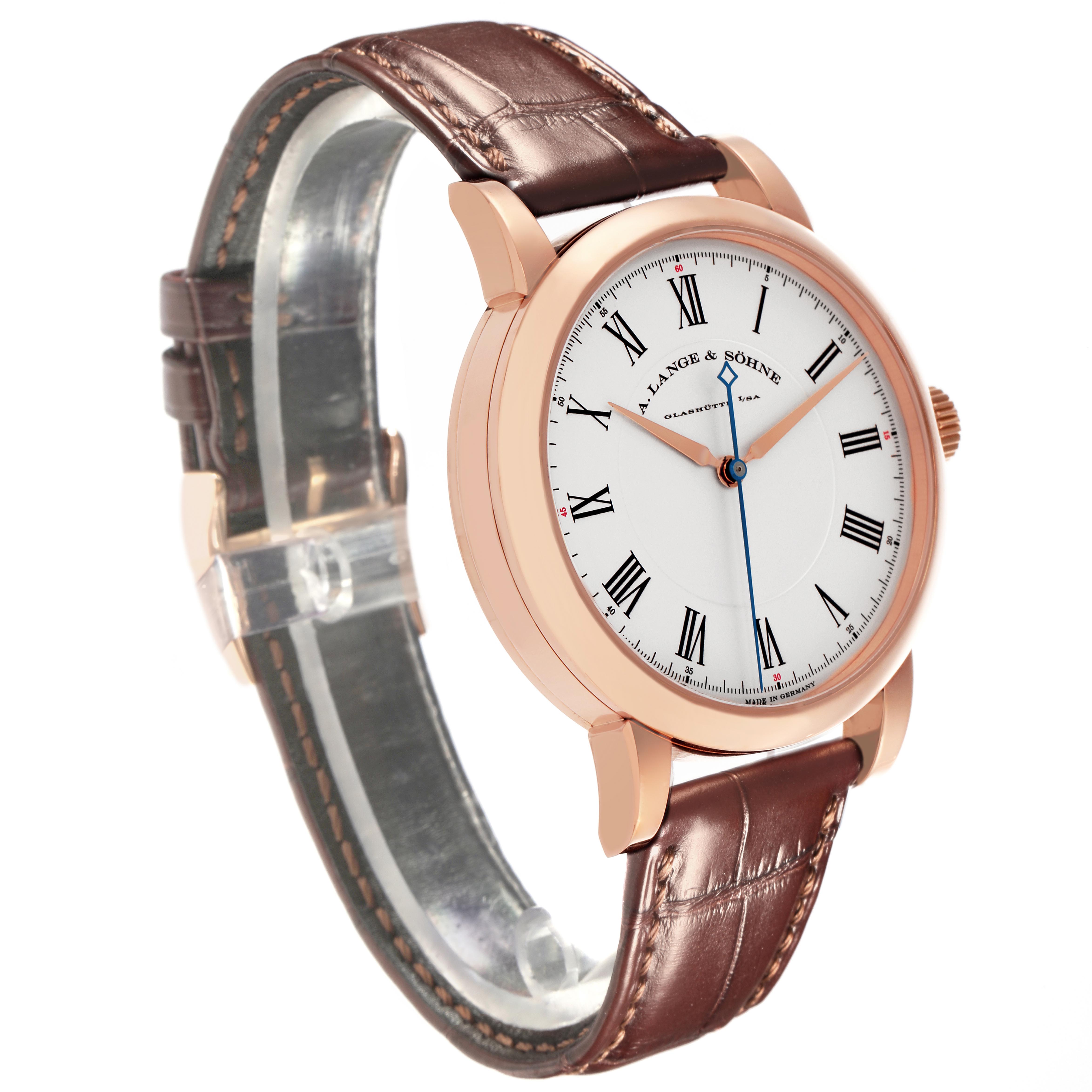 The Richard Lange by A. Lange & Söhne is shown at an angled side view, highlighting the dial, case, and leather strap.