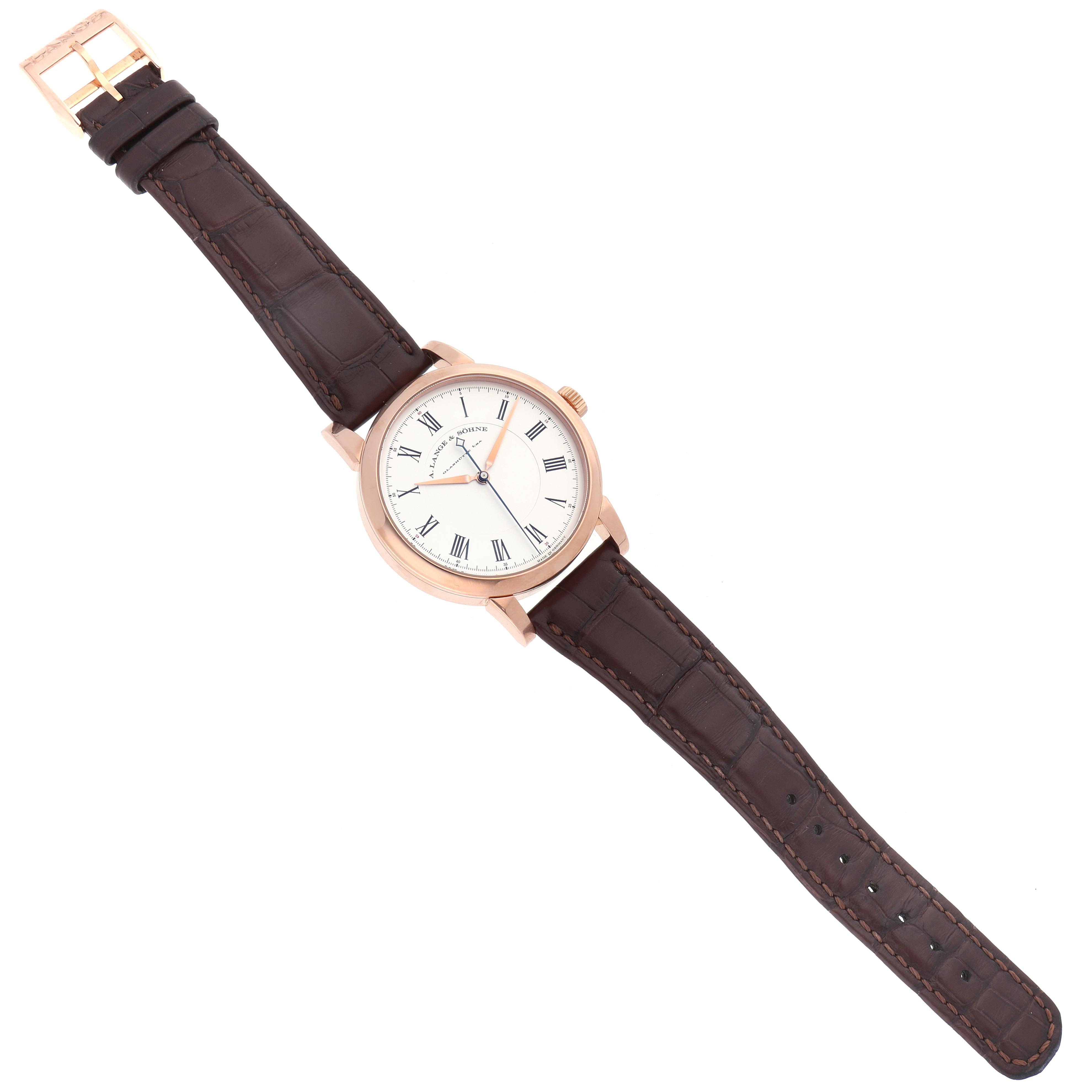 The Richard Lange model by A. Lange & Söhne is shown from a top-down angle, highlighting the dial and leather strap.