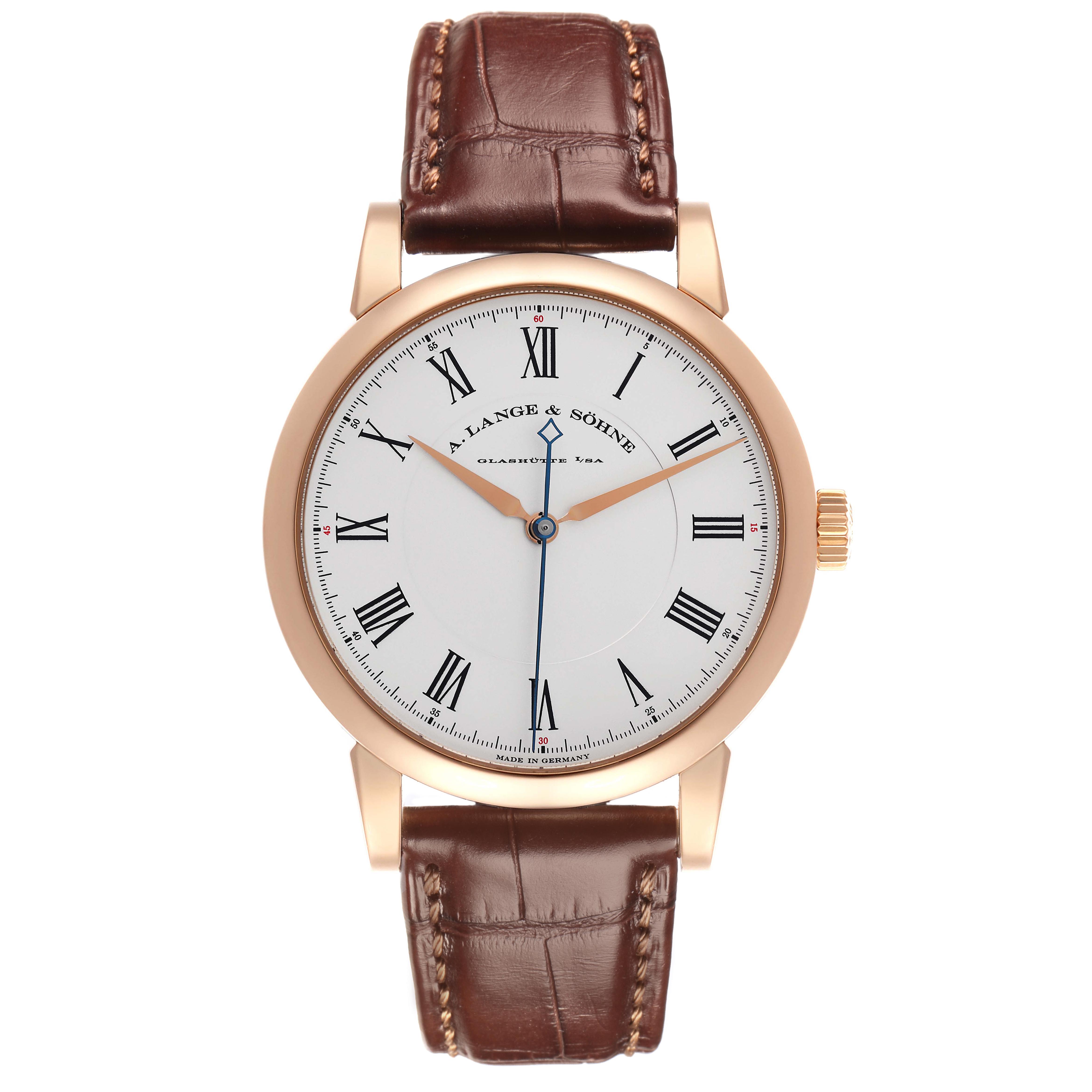 The Richard Lange by A. Lange & Söhne is shown from the front, displaying the dial, Roman numerals, hands, case, and brown leather strap.