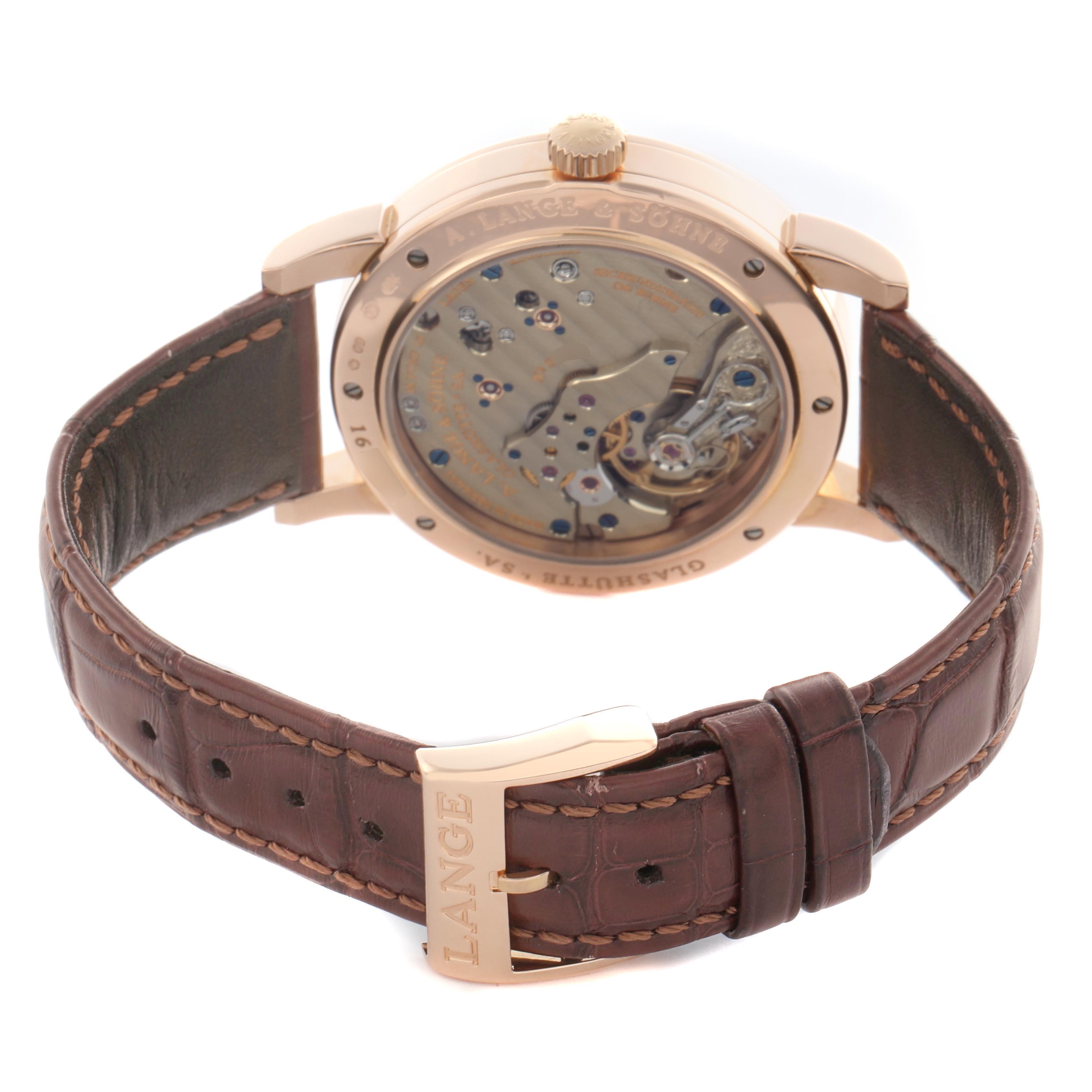 The Richard Lange by A. Lange & Söhne is shown from the back, highlighting the movement and brown leather strap.