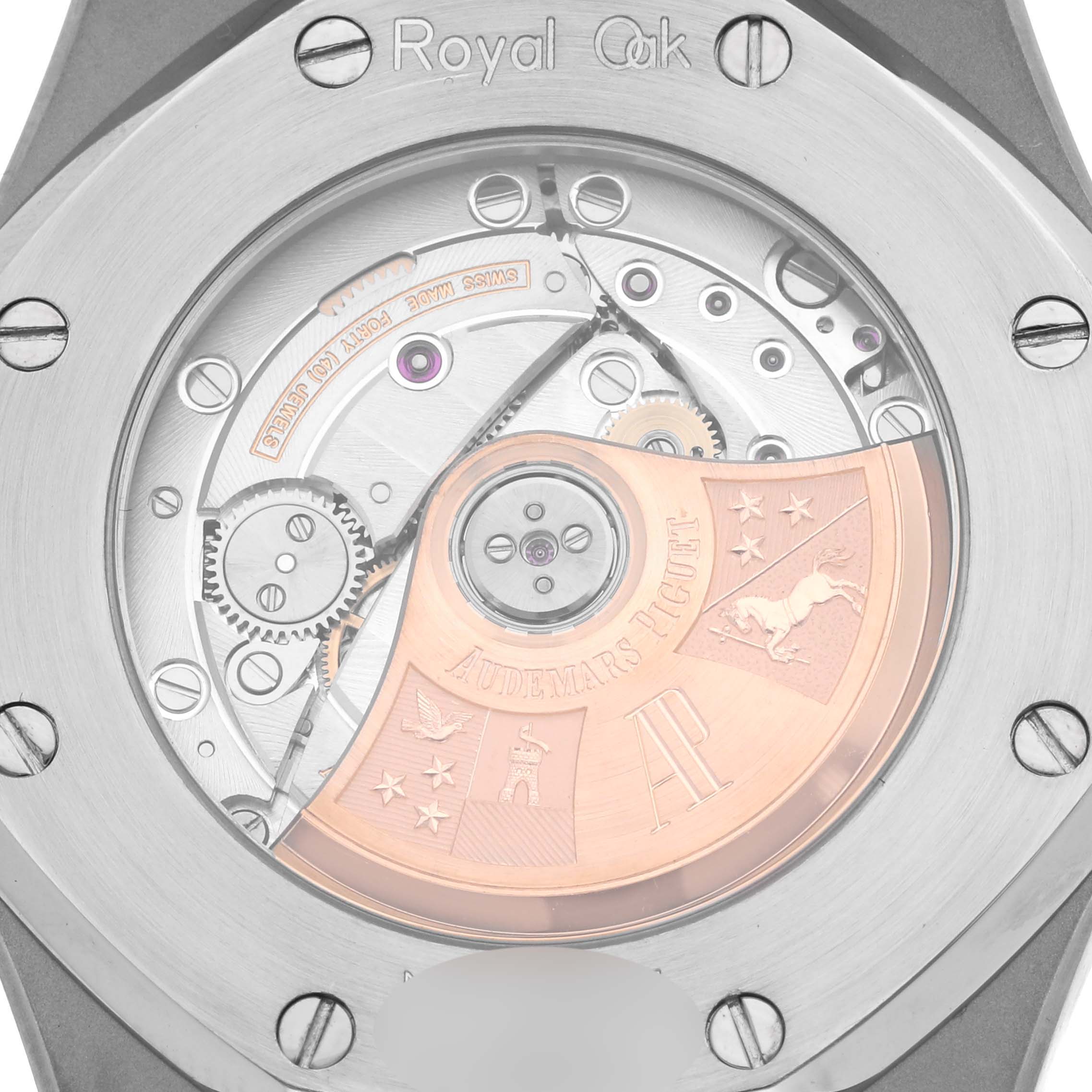 The image shows the back of the Audemars Piguet Royal Oak 15300ST.OO.1220ST.03 Men's Stainless Steel Black Dial watch, revealing its transparent case back and movement components.