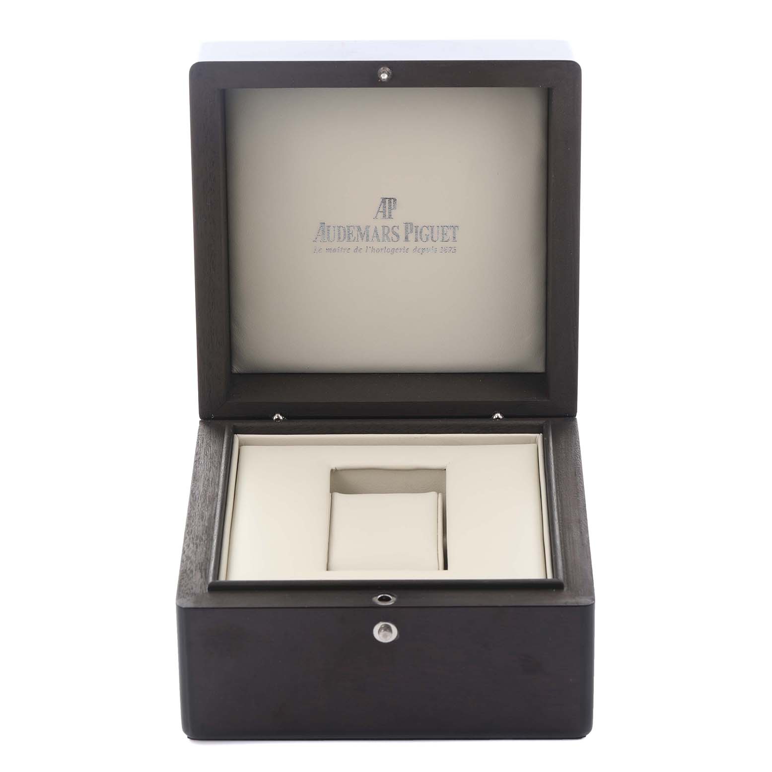 The image shows an open Audemars Piguet Royal Oak 15300ST.OO.1220ST.03 Men's Stainless Steel Black Dial watch box from a front angle, displaying the interior cushion and branding.