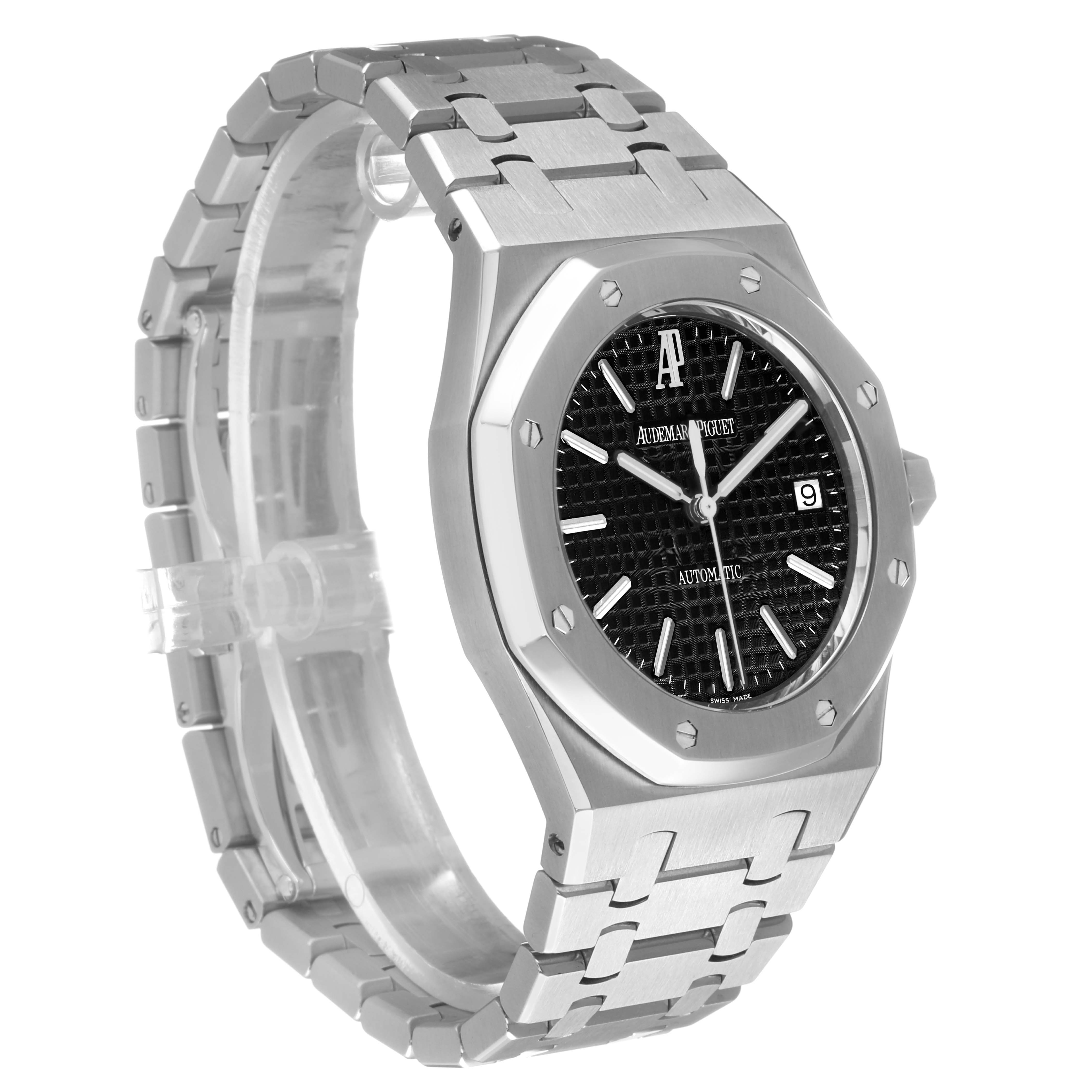 The Royal Oak by Audemars Piguet is shown at a slight angle, displaying the bezel, dial, and bracelet clearly.