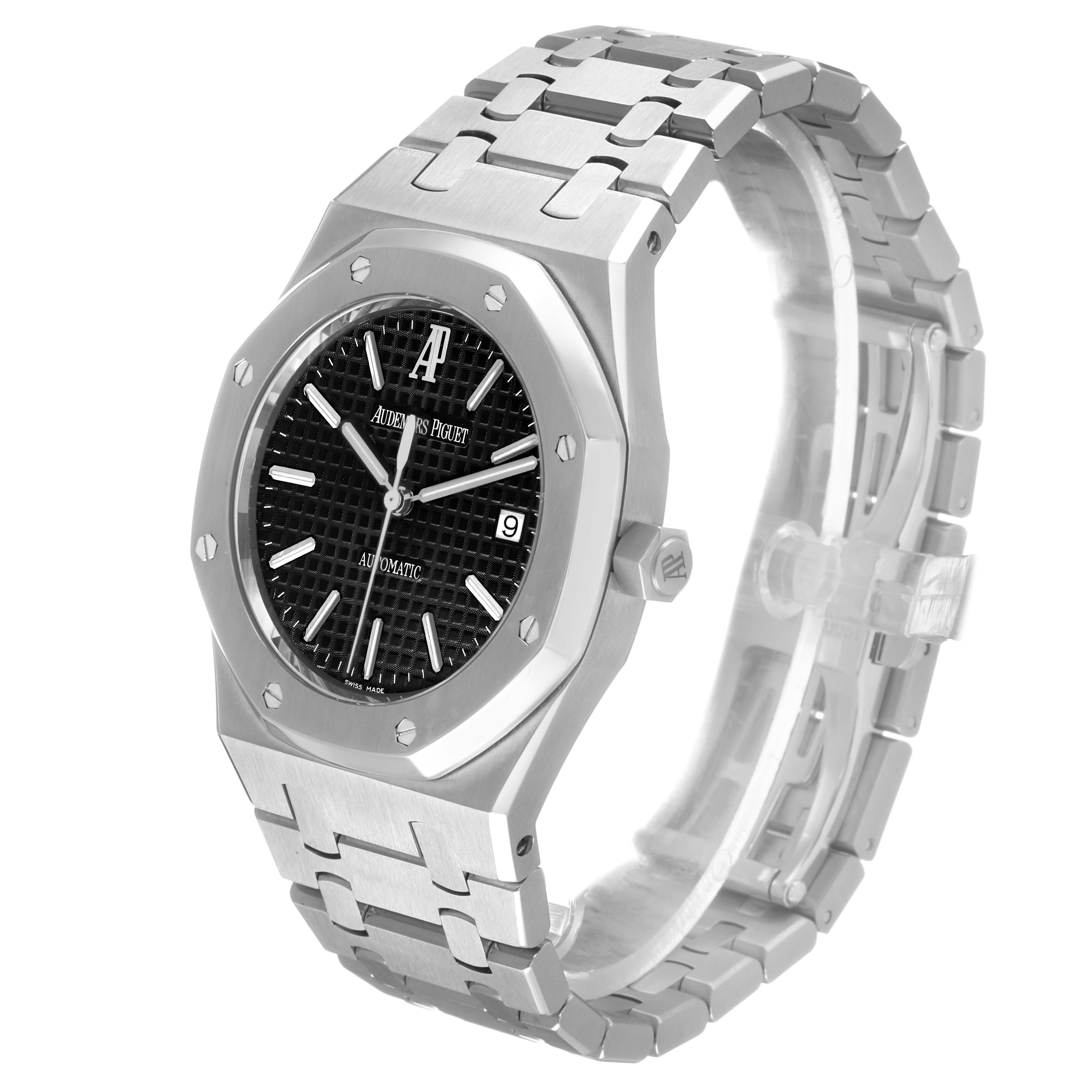 The Audemars Piguet Royal Oak 15300ST.OO.1220ST.03 Men's Stainless Steel Black Dial watch is shown at a three-quarter angle, highlighting the black dial, bracelet, and bezel.