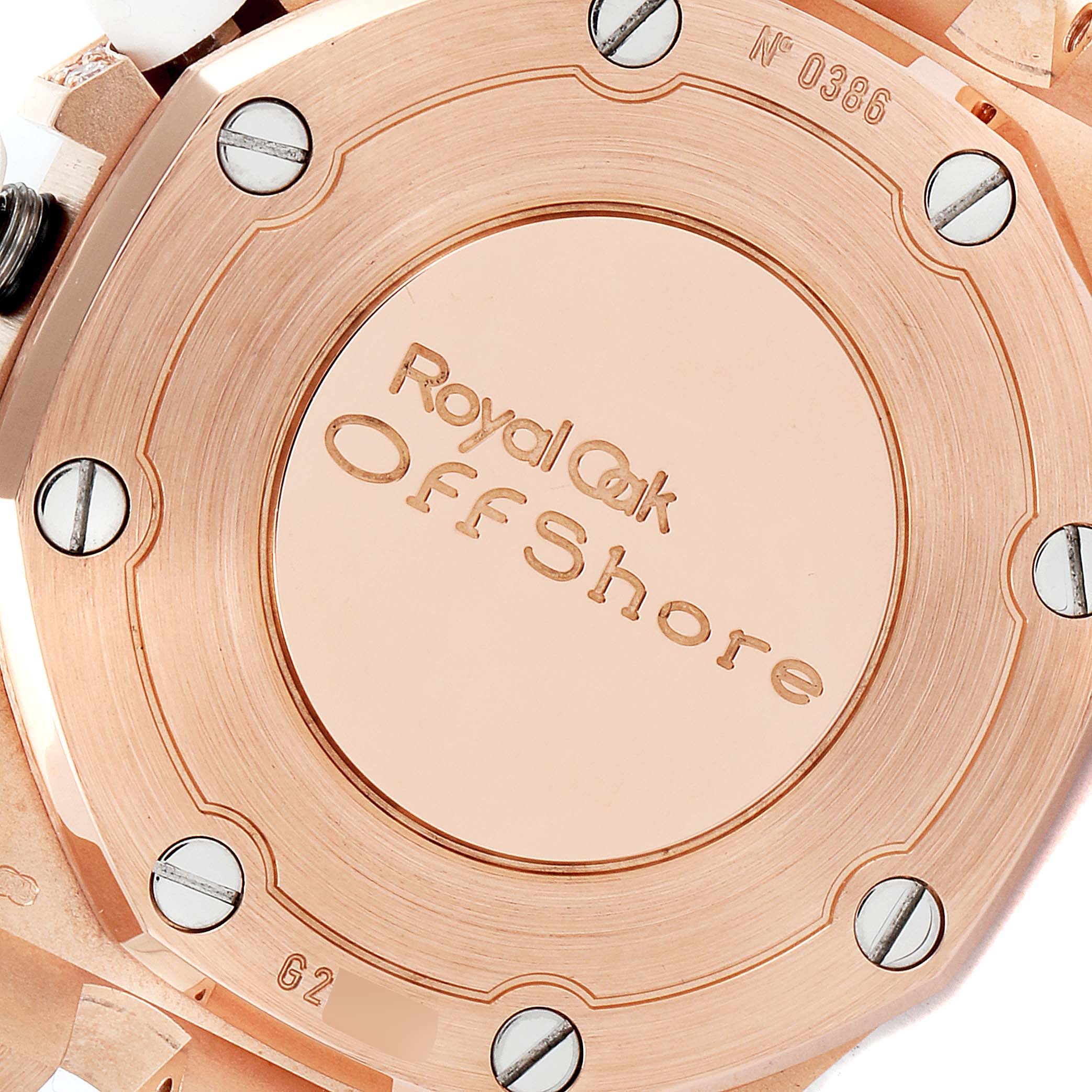 This image shows the case back of the Audemars Piguet Royal Oak Offshore 26092OK.ZZ.D010CA.01 Women
s Rose Gold Mother of Pearl Dial 26092OK.ZZ.D010CA.01 Women
s Rose Gold Mother of Pearl Dial watch.