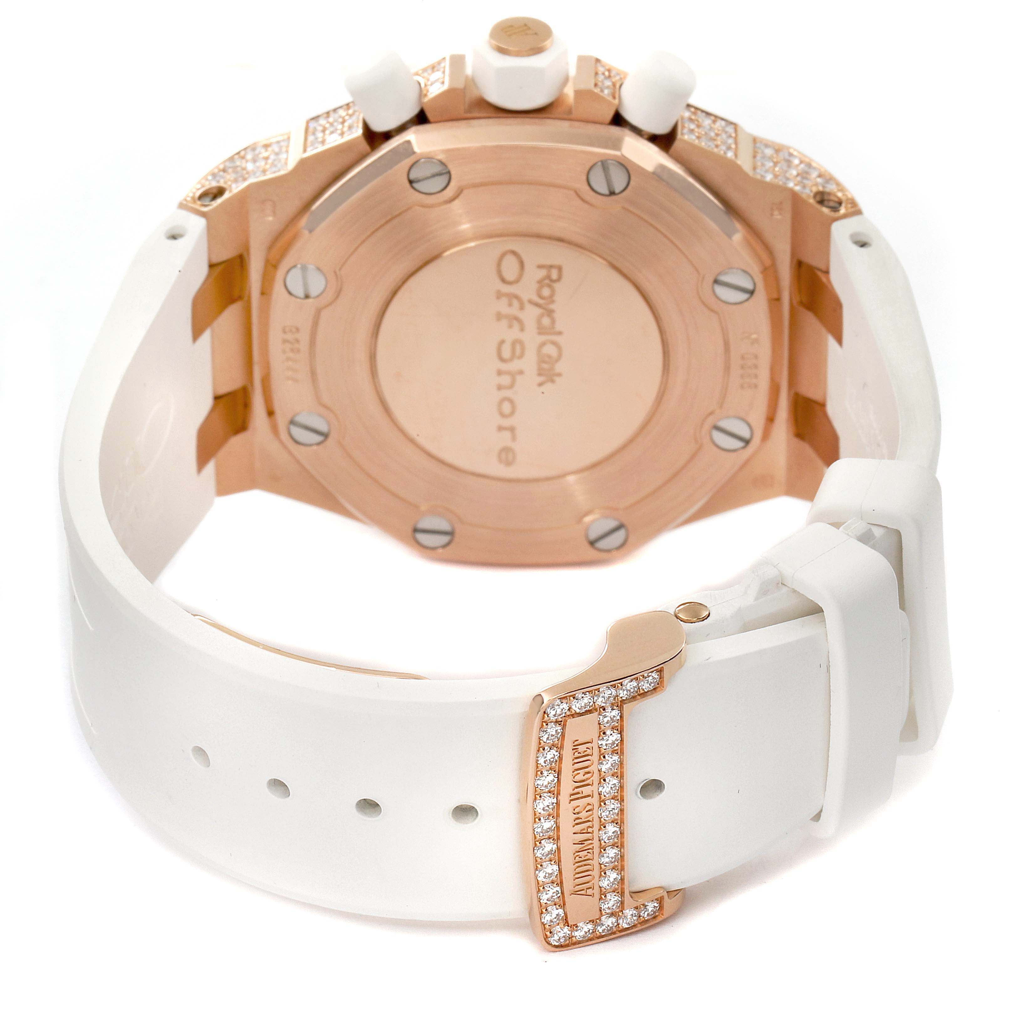 The image shows the back case and strap of an Audemars Piguet Royal Oak Offshore 26092OK.ZZ.D010CA.01 Women
s Rose Gold Mother of Pearl Dial 26092OK.ZZ.D010CA.01 Women
s Rose Gold Mother of Pearl Dial watch at a rear angle.