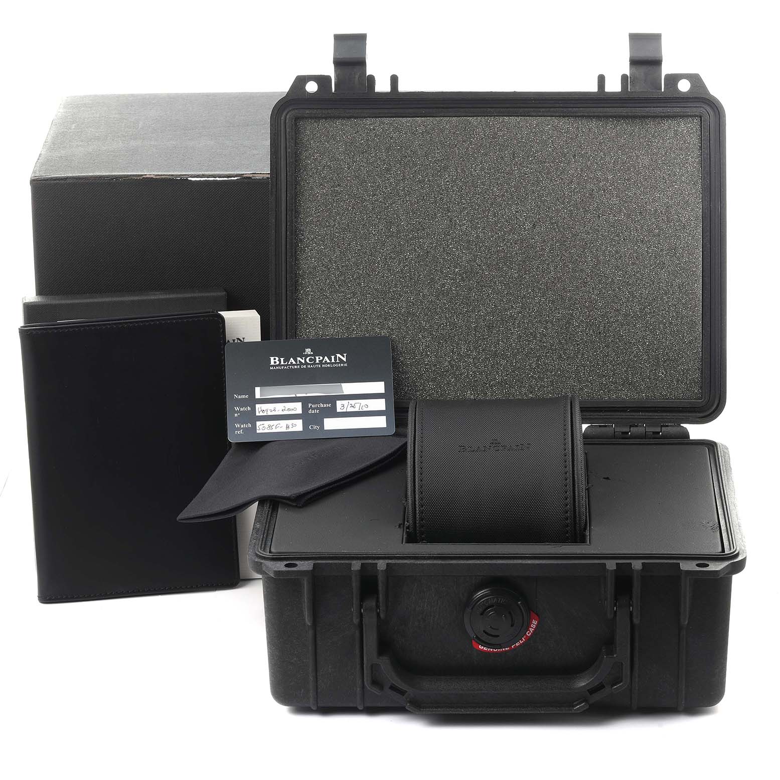 The image shows a Blancpain Fifty Fathoms 5085F-1130-71S Men
s Stainless Steel Black Dial 5085F-1130-71S Men
s Stainless Steel Black Dial watch in its open protective case, along with a warranty card, pouch, and leather booklet.