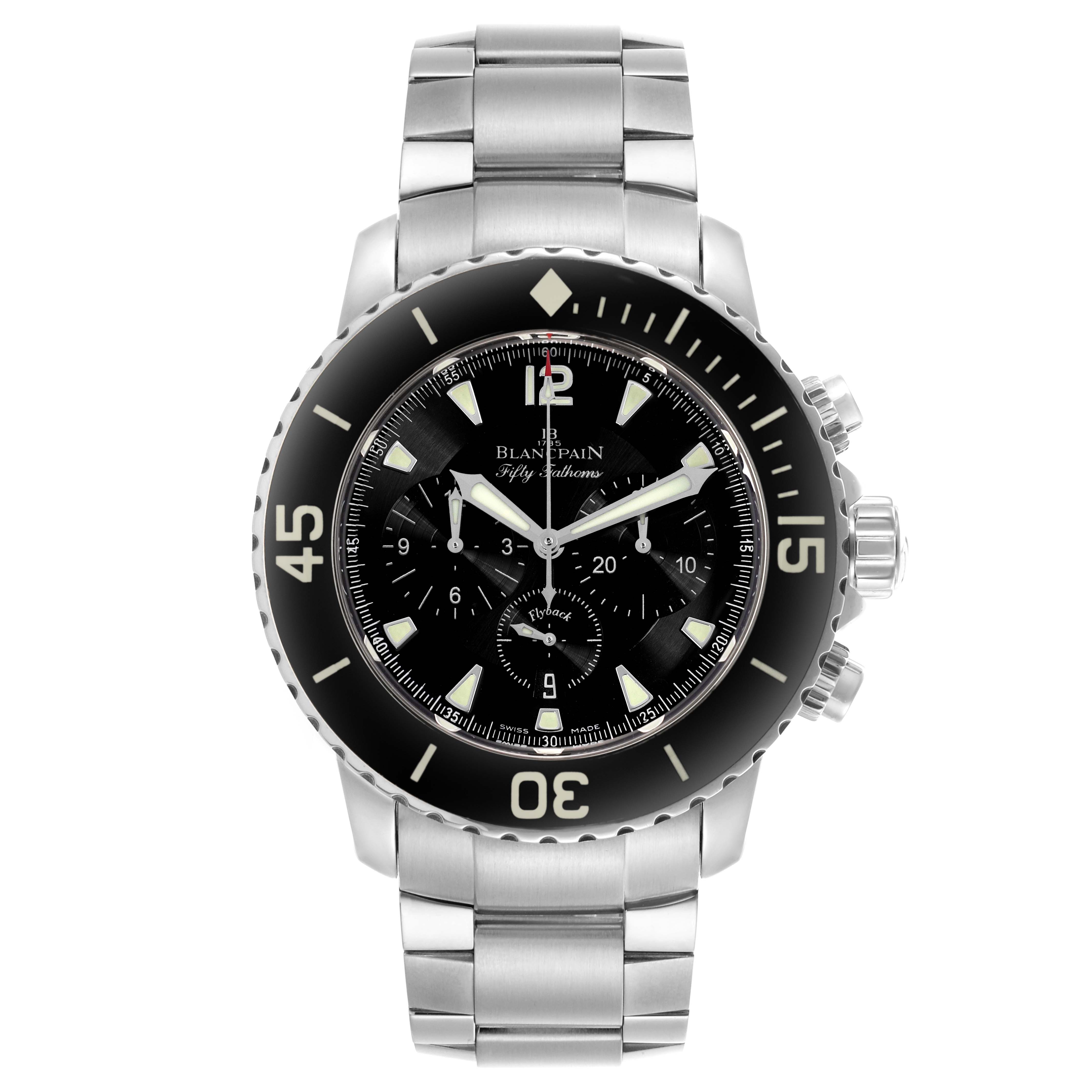 The Blancpain Fifty Fathoms 5085F-1130-71S Men
s Stainless Steel Black Dial 5085F-1130-71S Men
s Stainless Steel Black Dial watch is shown from a front angle, highlighting its face, bezel, hands, and stainless steel bracelet.