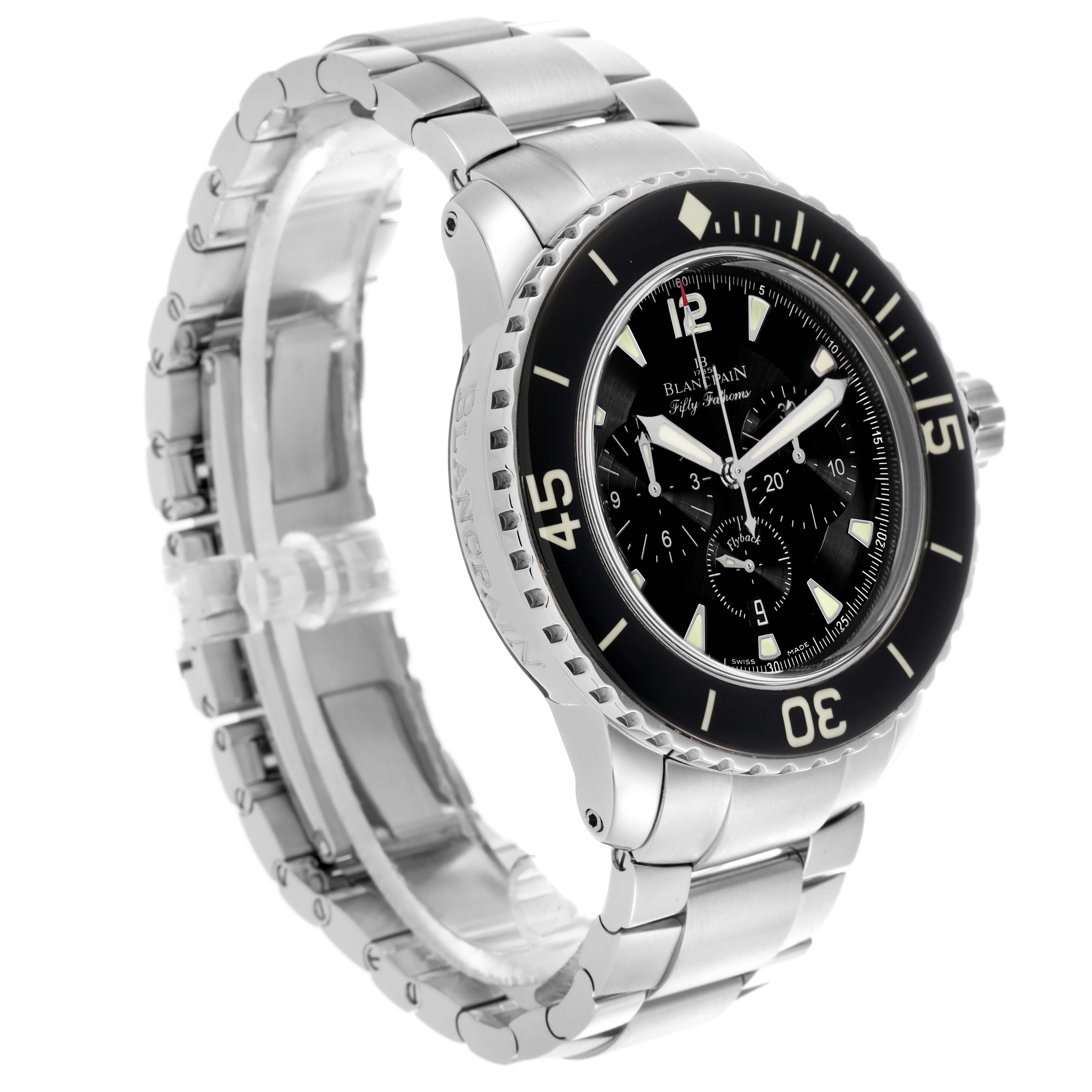 The Blancpain Fifty Fathoms 5085F-1130-71S Men
s Stainless Steel Black Dial 5085F-1130-71S Men
s Stainless Steel Black Dial watch is shown at a three-quarter angle, displaying the face, bezel, case, and bracelet.