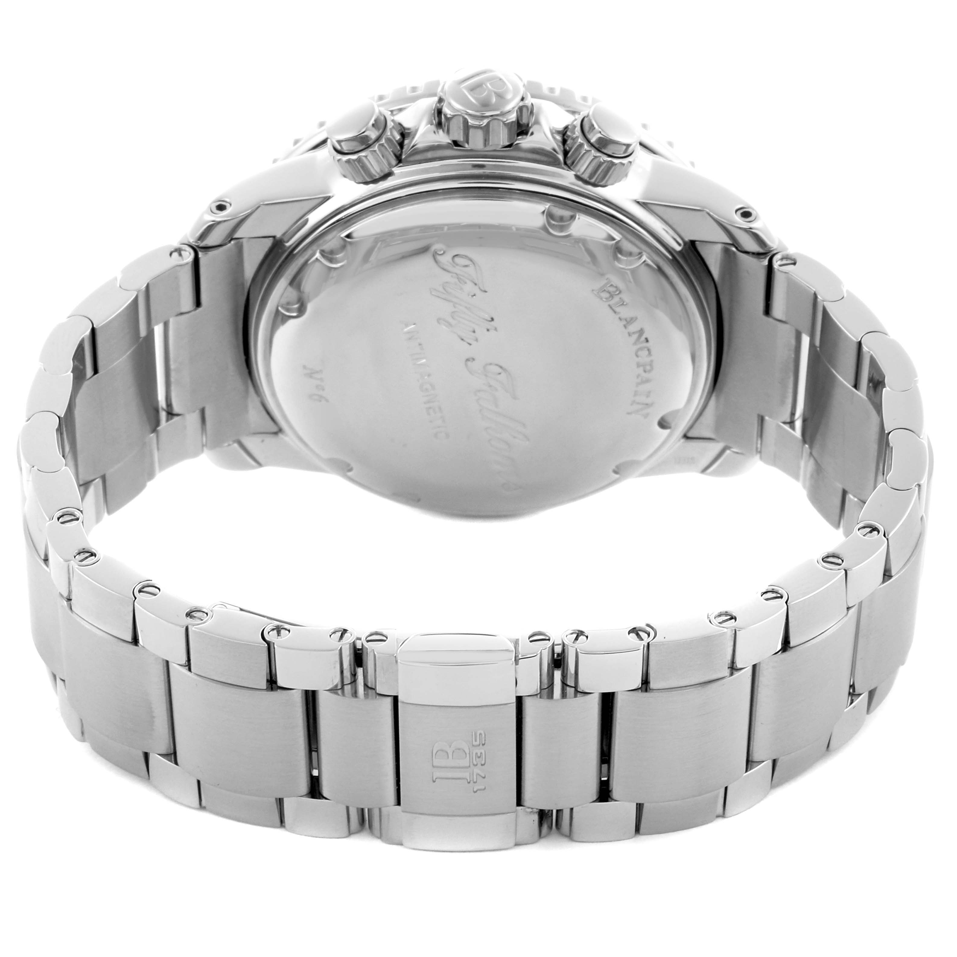 The Blancpain Fifty Fathoms 5085F-1130-71S Men
s Stainless Steel Black Dial 5085F-1130-71S Men
s Stainless Steel Black Dial watch is shown from the back, highlighting the case back and metal bracelet.