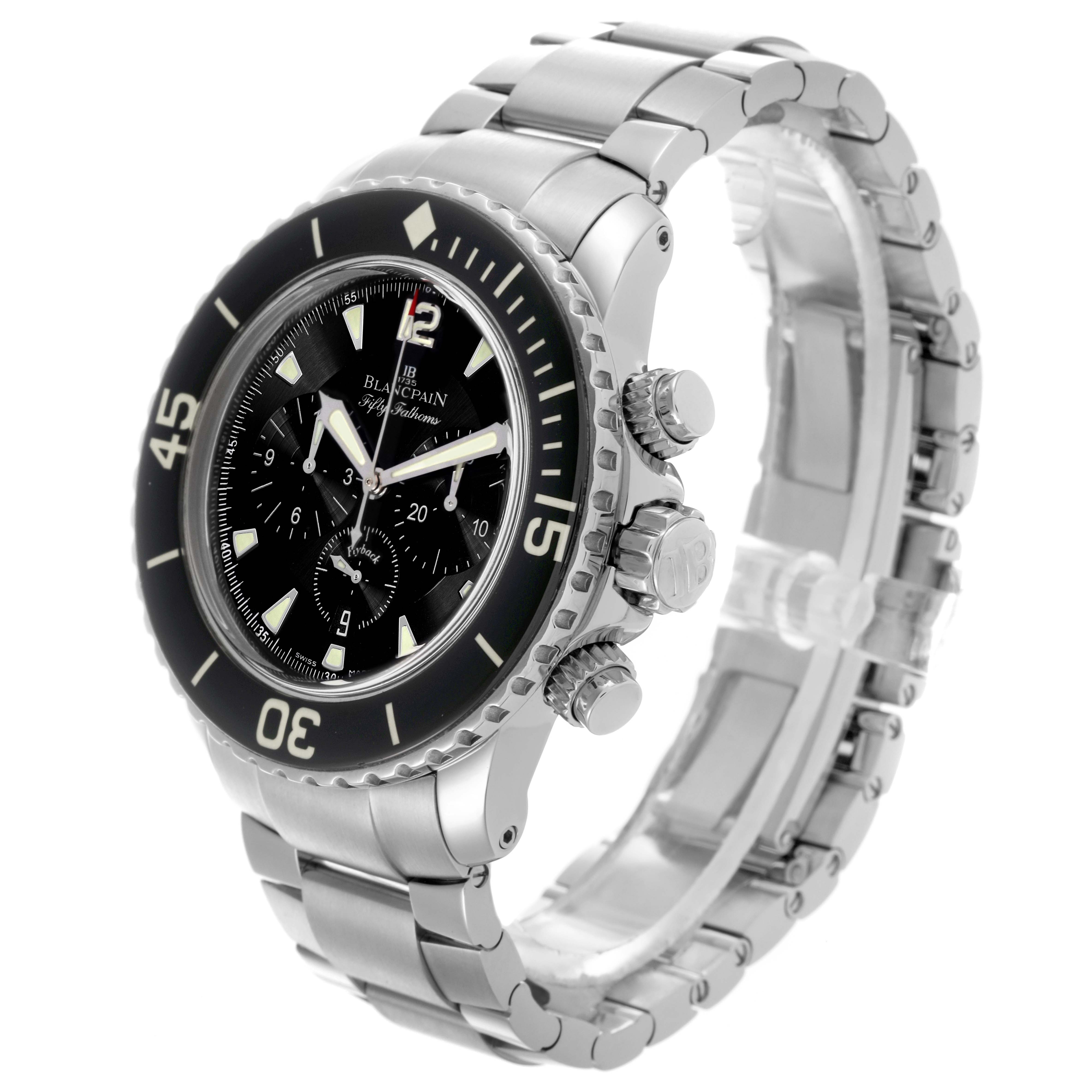 The Blancpain Fifty Fathoms 5085F-1130-71S Men
s Stainless Steel Black Dial 5085F-1130-71S Men
s Stainless Steel Black Dial watch is shown at a three-quarter angle, highlighting the bezel, dial, bracelet, and crown.