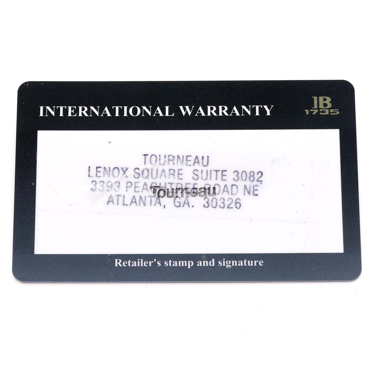 The image shows the international warranty card for the Blancpain Fifty Fathoms 5085F-1130-71S Men
s Stainless Steel Black Dial 5085F-1130-71S Men
s Stainless Steel Black Dial watch, featuring retailer details.