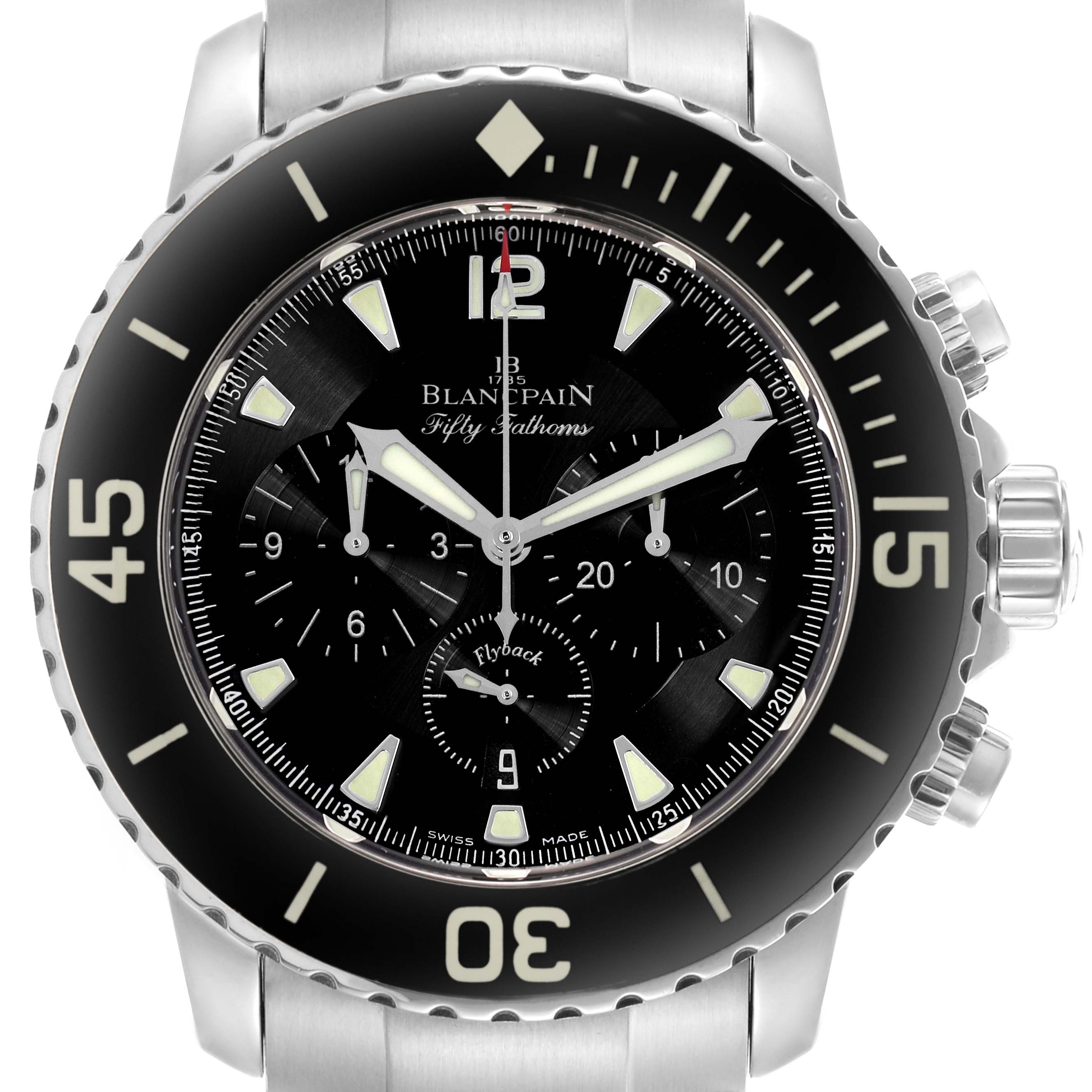 The image shows a front view of the Blancpain Fifty Fathoms 5085F-1130-71S Men
s Stainless Steel Black Dial 5085F-1130-71S Men
s Stainless Steel Black Dial watch, displaying the dial, bezel, and chronograph pushers.