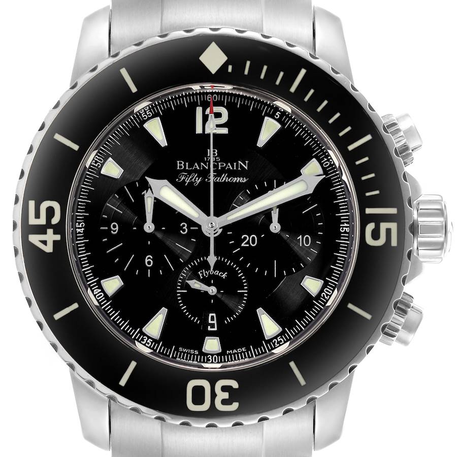 The image shows a front view of the Blancpain Fifty Fathoms watch, displaying the dial, bezel, and chronograph pushers.