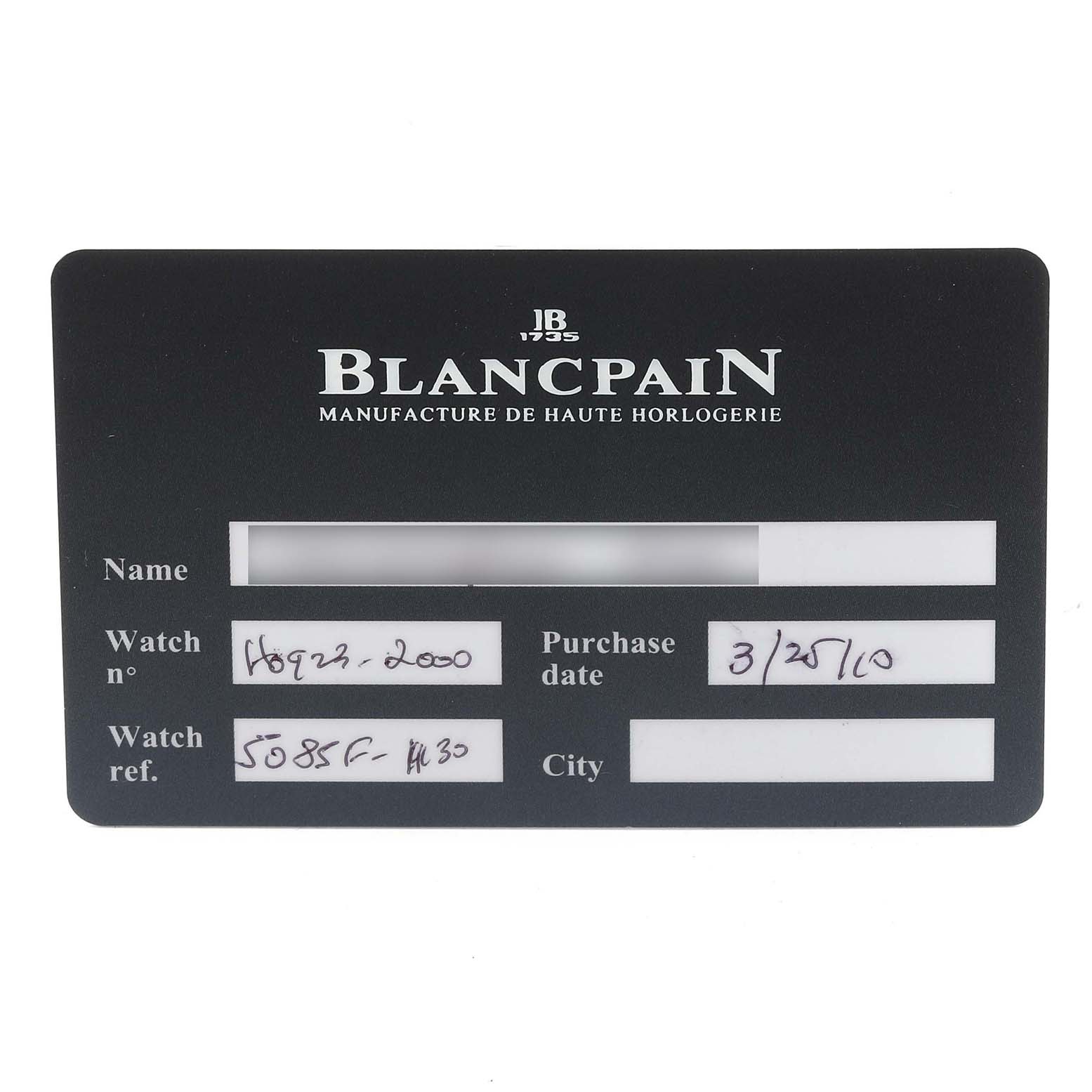 This image shows a warranty card for the Blancpain Fifty Fathoms 5085F-1130-71S Men
s Stainless Steel Black Dial 5085F-1130-71S Men
s Stainless Steel Black Dial watch model, displaying watch details and purchase date.