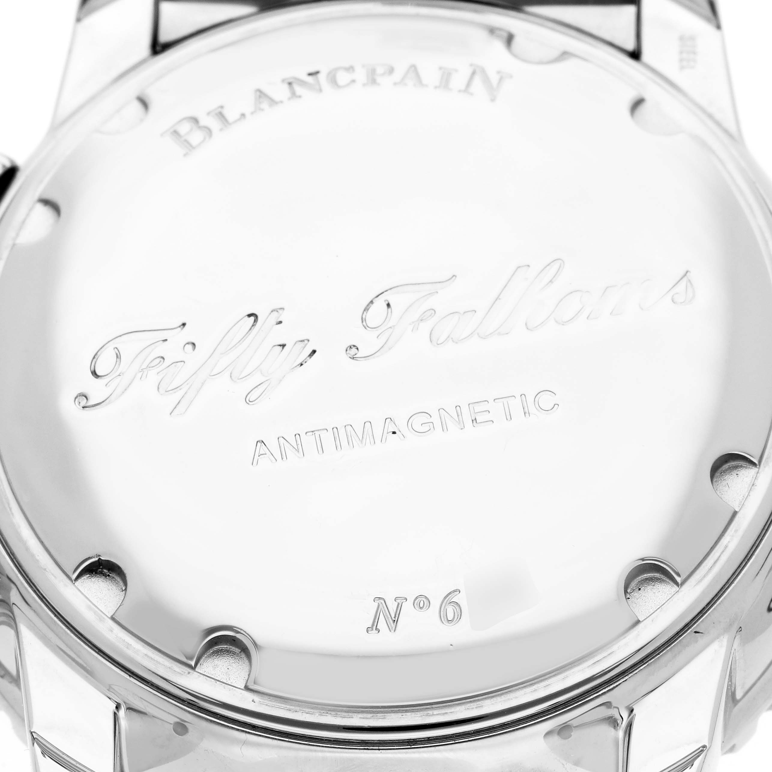 The image shows the case back of a Blancpain Fifty Fathoms 5085F-1130-71S Men
s Stainless Steel Black Dial 5085F-1130-71S Men
s Stainless Steel Black Dial watch, displaying engravings and a polished finish.