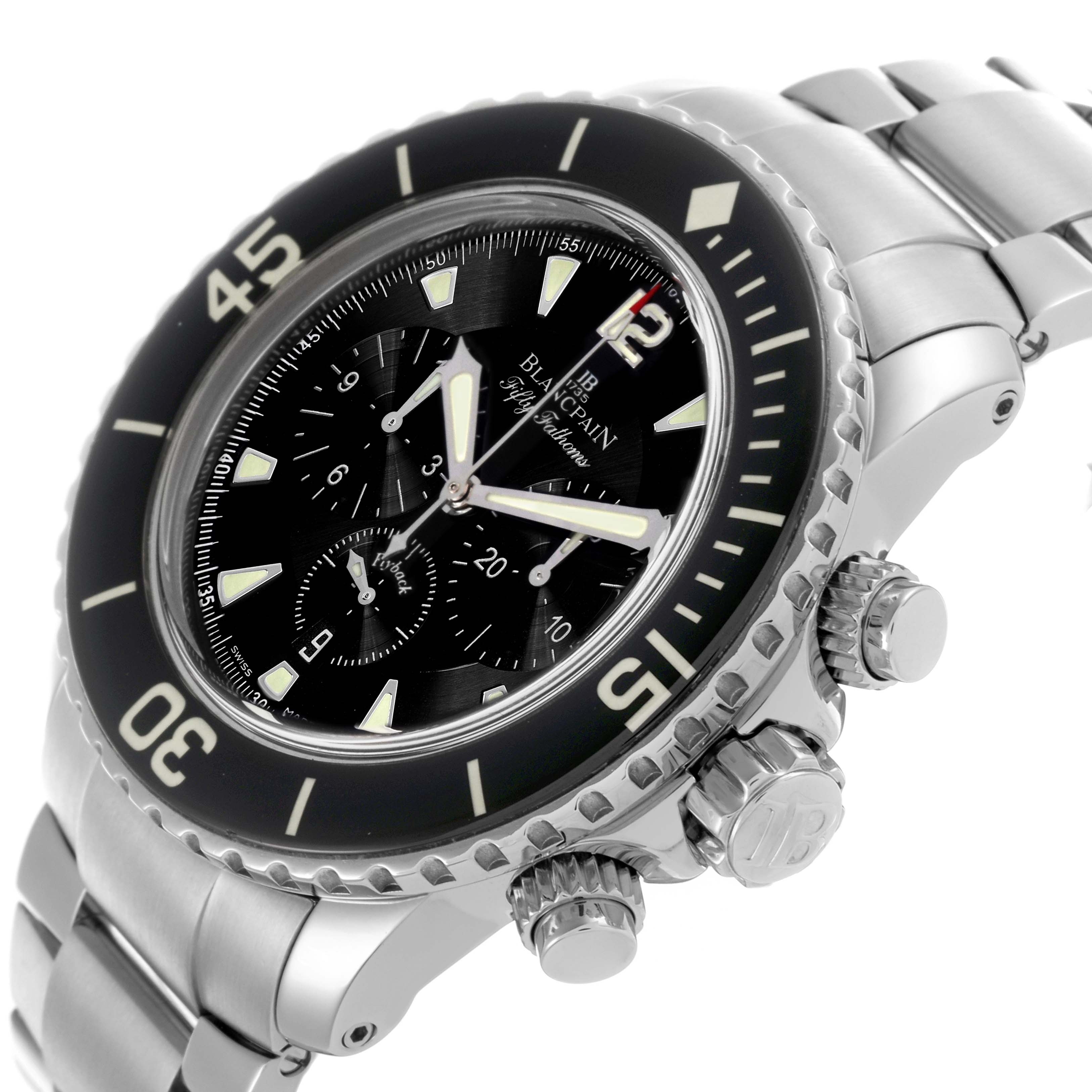 The Blancpain Fifty Fathoms 5085F-1130-71S Men
s Stainless Steel Black Dial 5085F-1130-71S Men
s Stainless Steel Black Dial watch is shown at an oblique angle, highlighting the dial, bezel, and stainless steel bracelet.