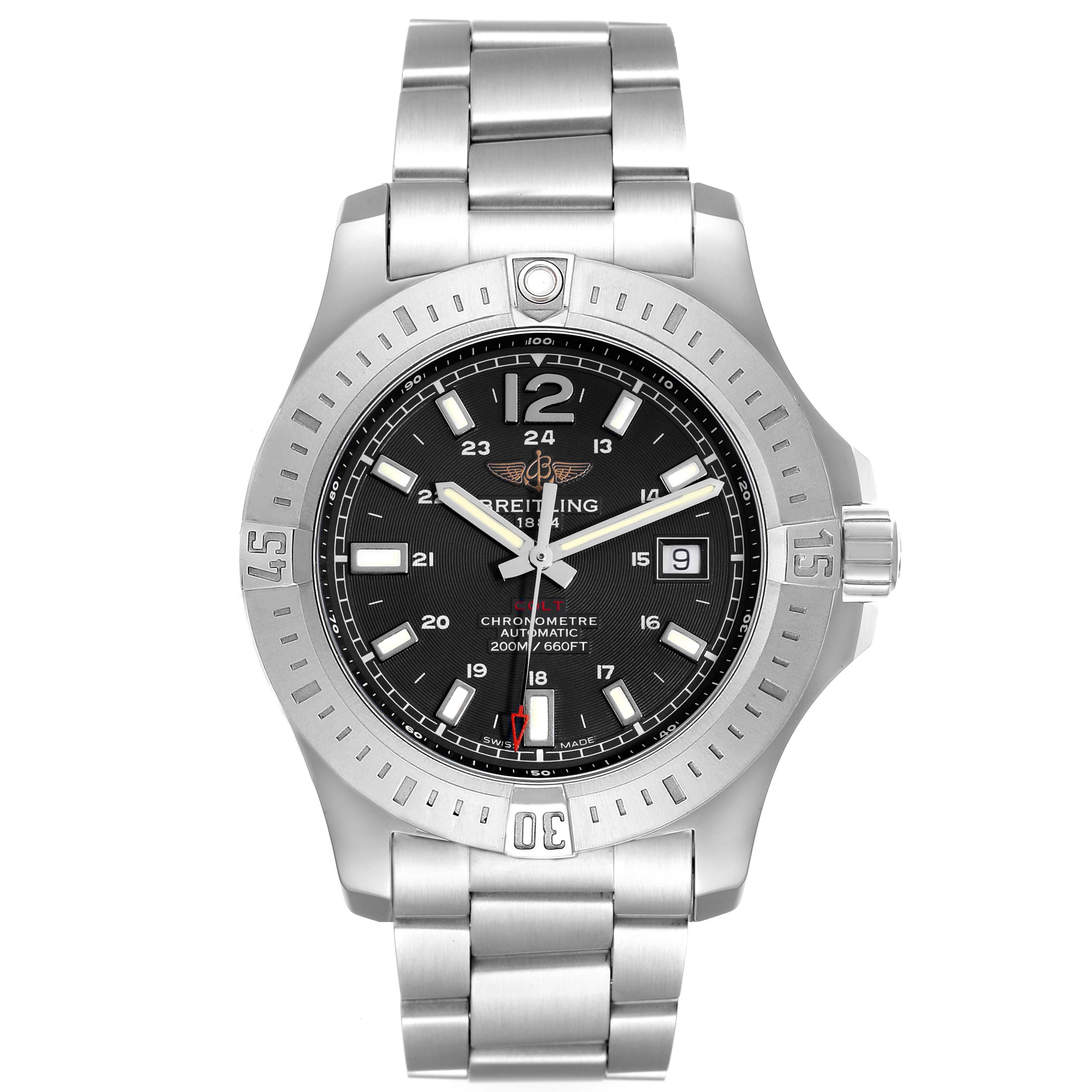 The Breitling Colt A1738811/BD44 Men's Stainless Steel Black Dial A1738811/BD44 Men's Stainless Steel Black Dial watch is shown from a frontal angle, displaying the dial, bezel, and stainless steel bracelet.