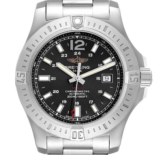 The Breitling Colt watch is shown from a front angle, displaying its dial, bezel, and the upper part of the bracelet.