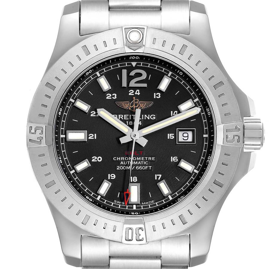 The Breitling Colt watch is shown from the front, displaying the dial, bezel, and part of the bracelet.