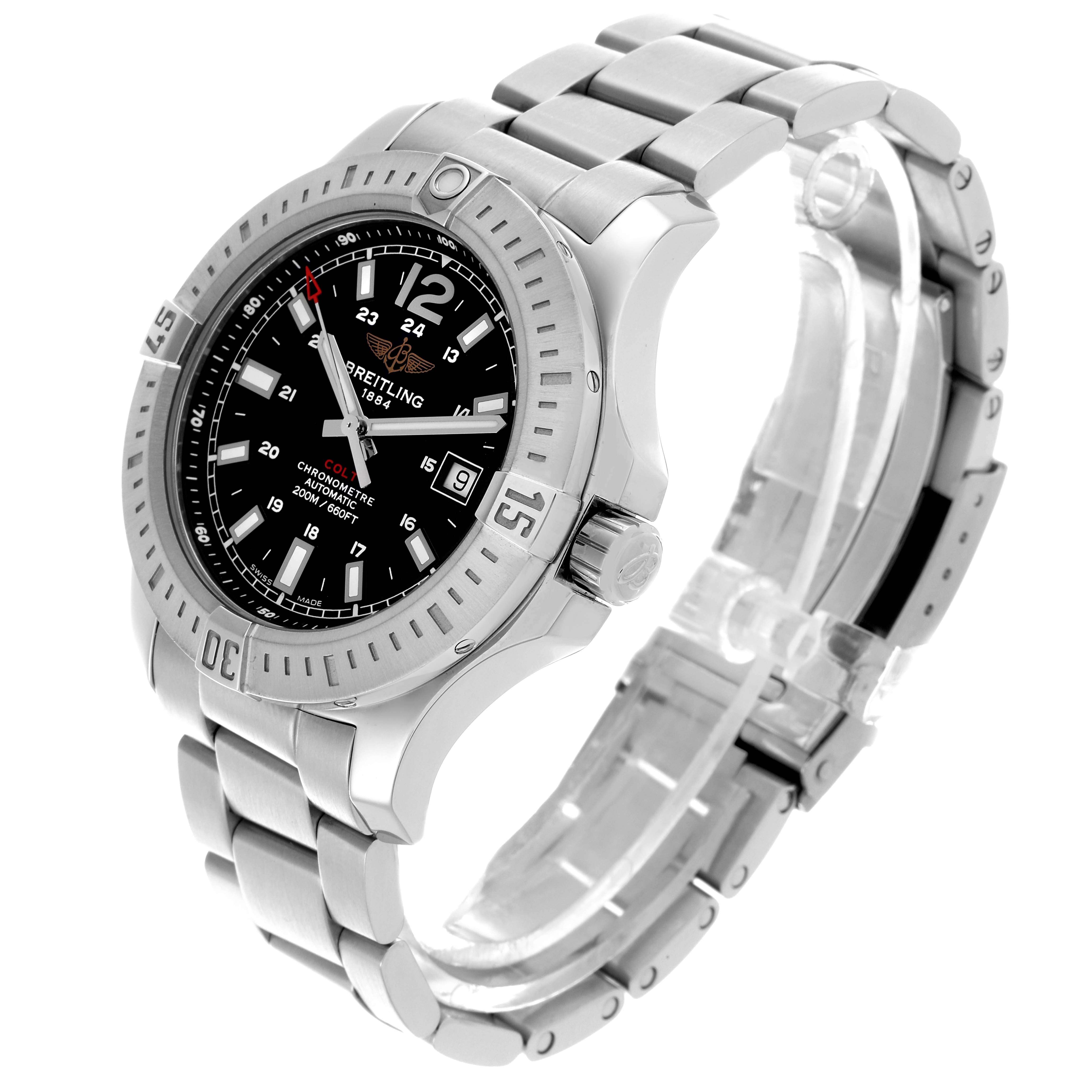 The Breitling Colt A1738811/BD44 Men's Stainless Steel Black Dial A1738811/BD44 Men's Stainless Steel Black Dial watch is shown at a slight angle highlighting the face, bezel, crown, and metallic bracelet.