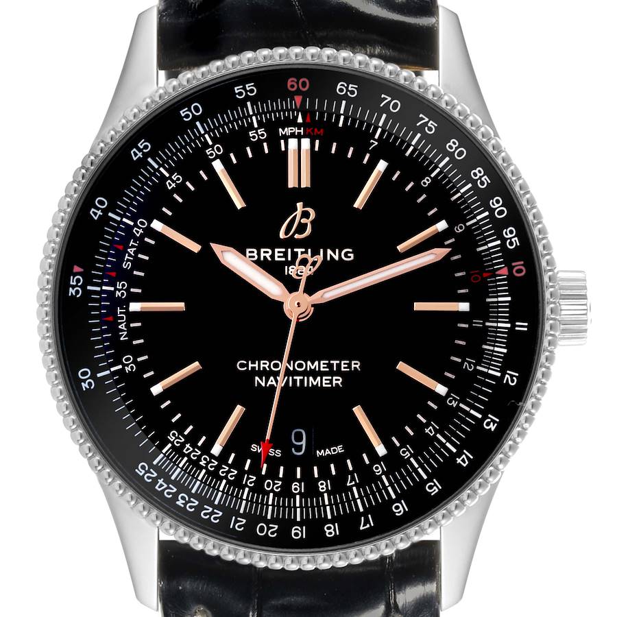 The Breitling Navitimer watch is shown from a front angle, highlighting its dial, bezel, and lugs.